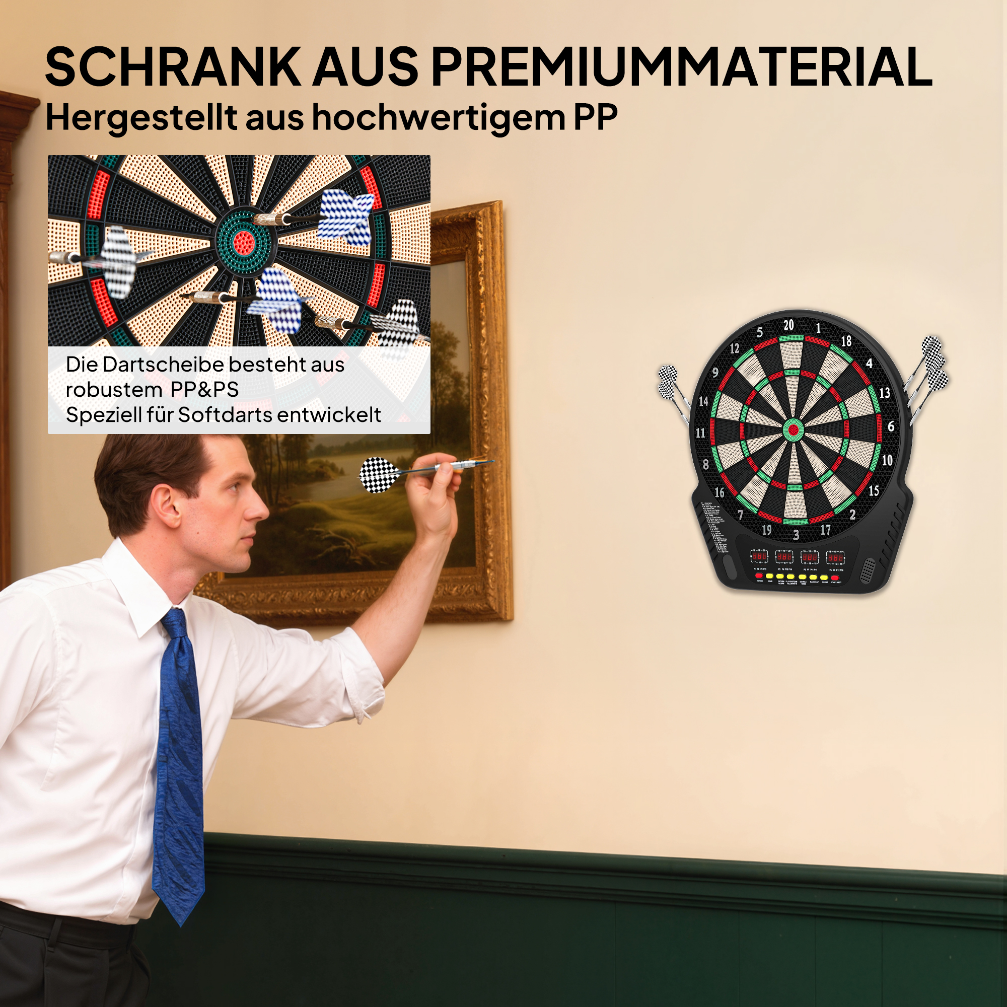 elektronische Dartscheibe Dartboard Dart-set mit LED Anzeige mit automatischer Wertung Soundeffekte 6 Darts 24 Dartköpfe 27 Spiele und 243 Trefferoptionen für 16 Spieler 44 x 51,5 x 3,2 cm