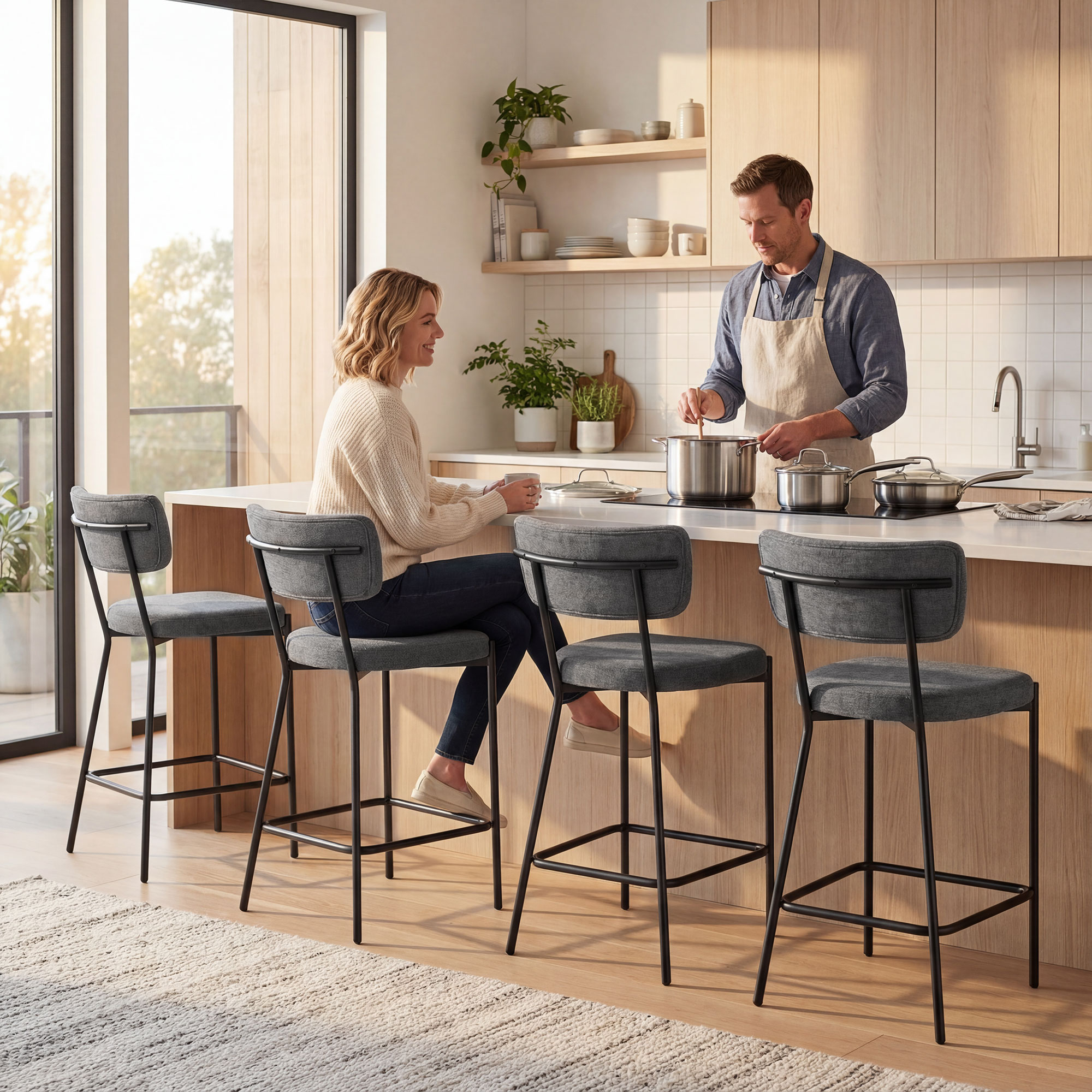 Barhocker im 2er-Set, Polster-Barstühle mit geschwungener Rückenlehne, für Kücheninsel, Frühstücksbereich, Grau