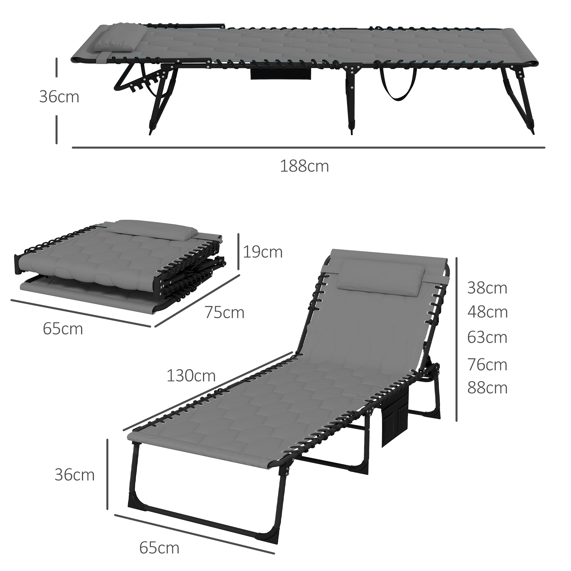 Sonnenliege Liegestuhl Gartenliege, klappbar, inkl, Kissen, wetterbeständig; 188 cm x 65 cm x 36 cm, Grau + Schwarz