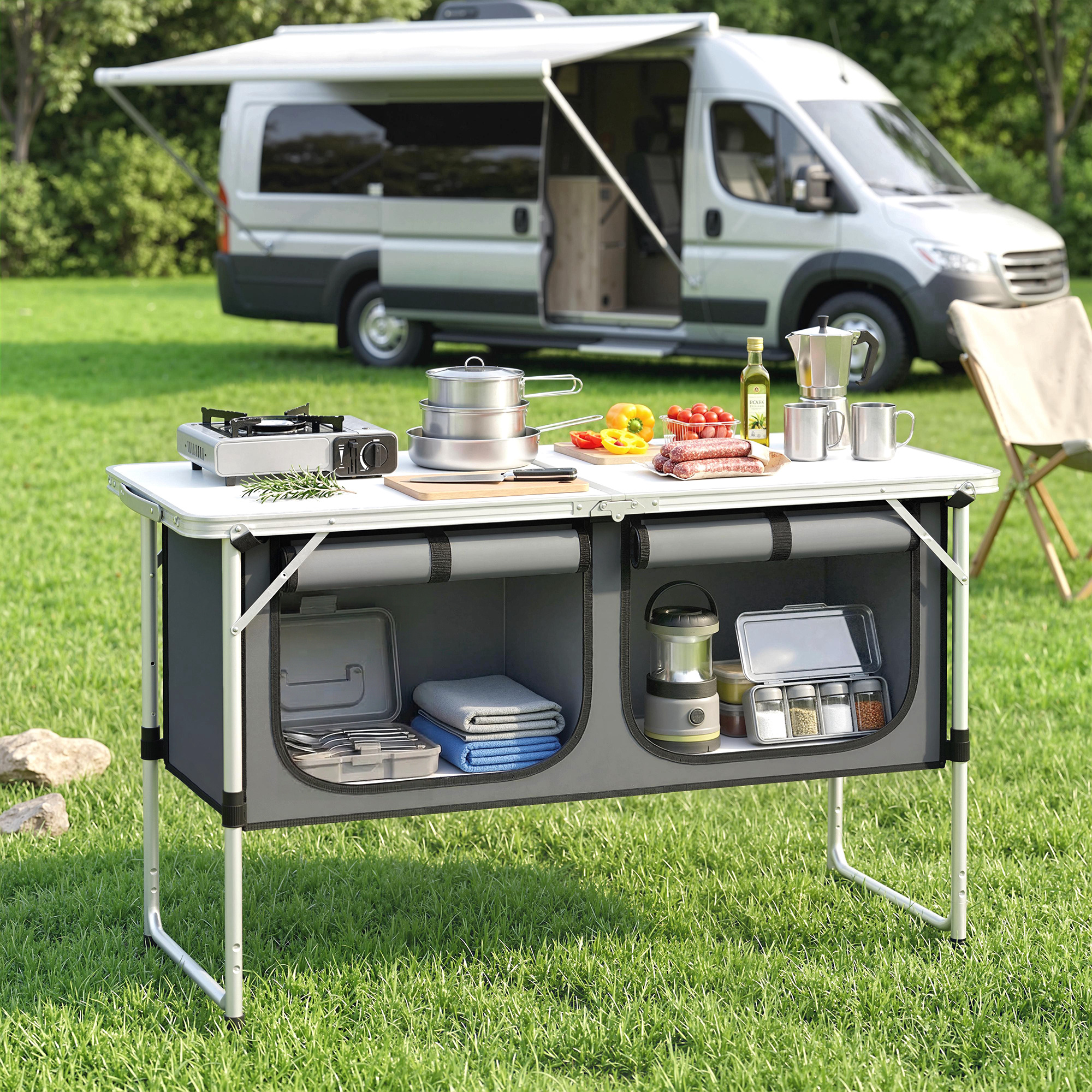 Camping Küche faltbar Campingschrank mit Aluminiumgestell Staufach Arbeitsplatte für Camping Reisen Silber