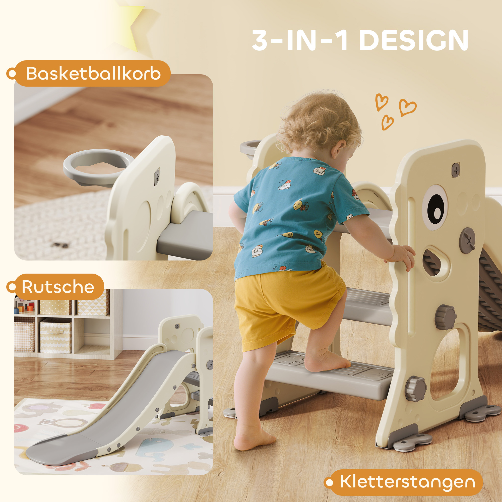 3-in-1-Kinderrutsche mit Klettergerüst, Basketballkorb Ball, faltbare Indoor-Kleinkindrutsche für Kinder 2-5 Jahren