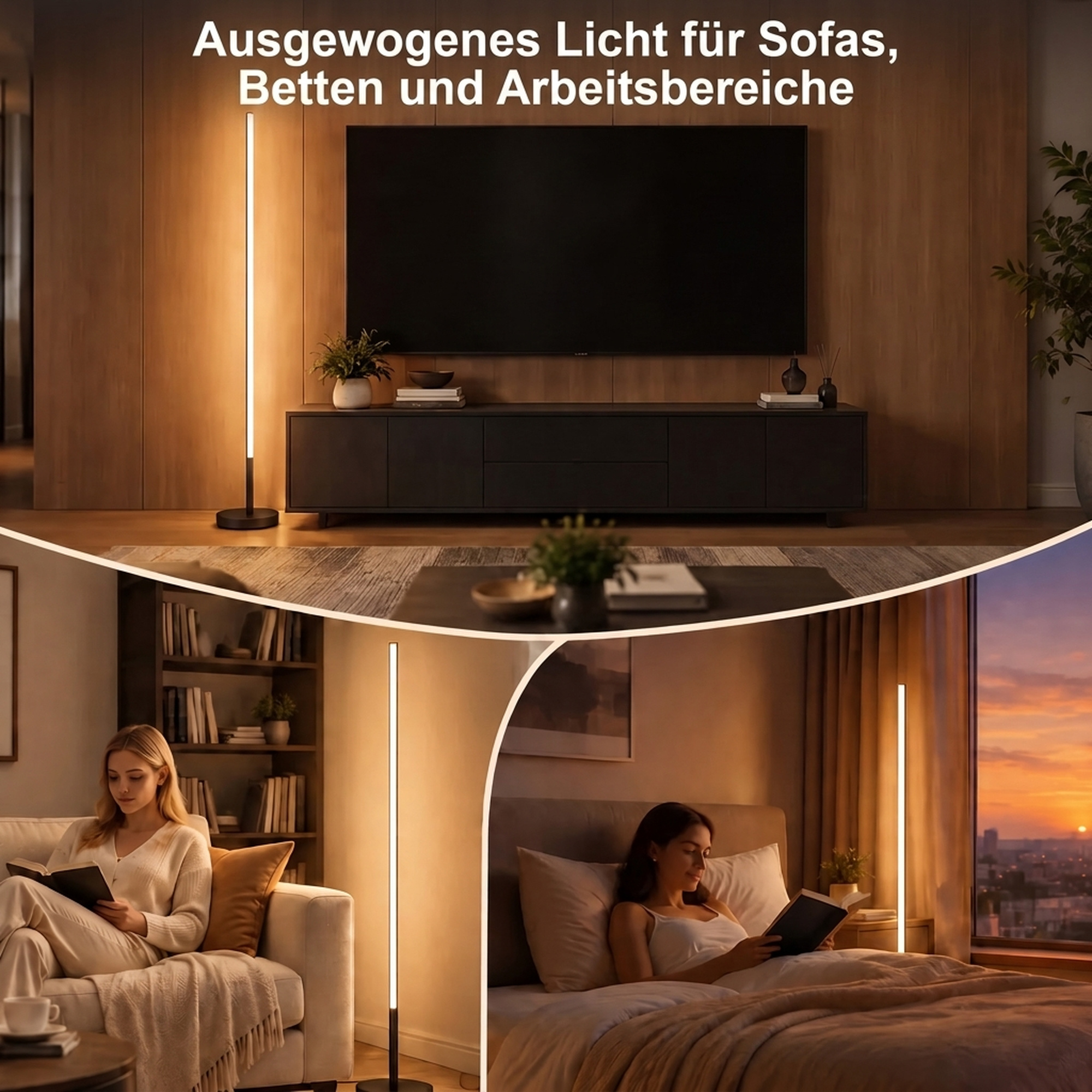 LED-Ecklampe, moderne Stehlampe, 1450 lm, 3 Helligkeitsstufen, Fußschalter, 3000 K, Wohn-/Schlafzimmer, Schwarz