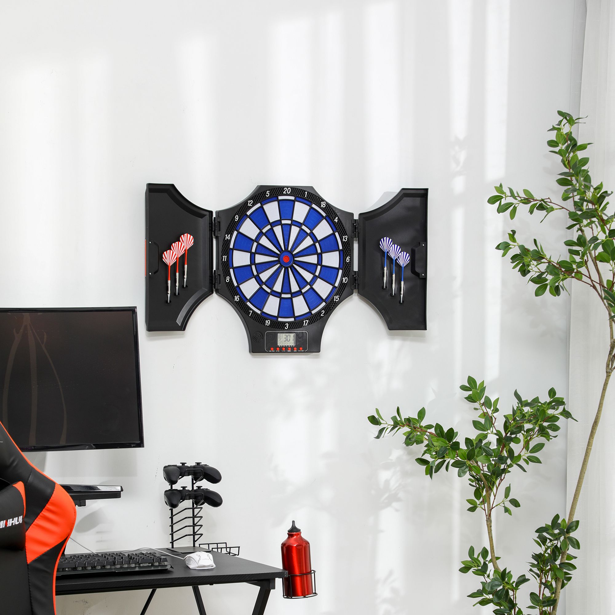 Dartscheibe, elektronisch, 31 Spiele und 285 Programme, für 8 Spieler, 2 Türen, 6 Pfeile, Sound, schwarz, 83 x 45 x 4 cm
