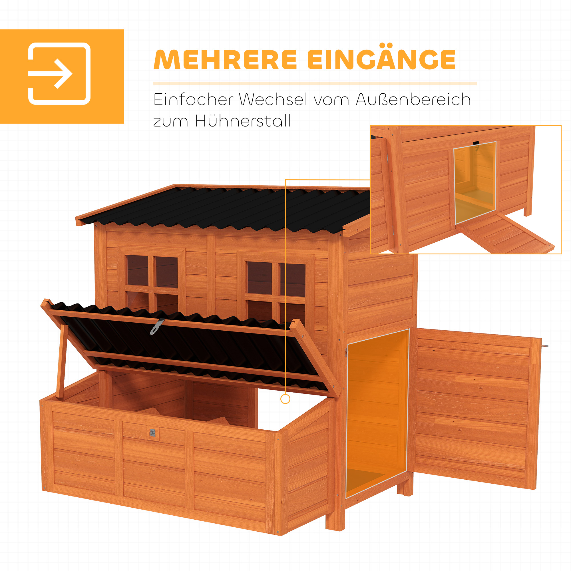 Hühnerstall mit Nestkasten für 3-4 Hühner, Wasserfestes Dach, Tannenholz, Kunststoff, 100 x 86 x 100 cm, Orange