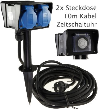 Gartensteckdose mit Erdspieß, 2-fach / IP44, 10m Kabel, Zeitschaltuhr