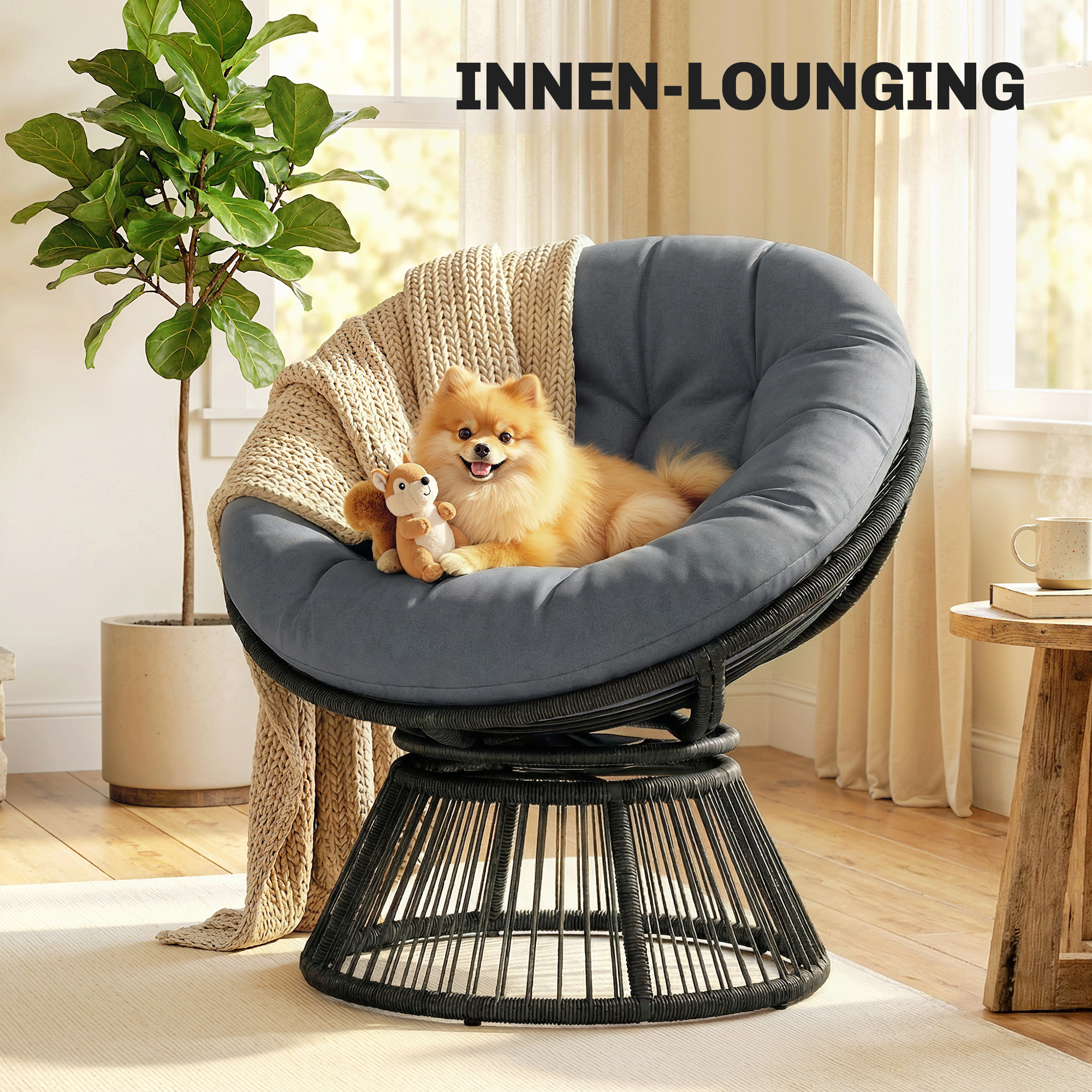 Papasansessel 360° drehbar Korbsessel mit Kissen Stahlrahmen runder Rattansessel Loungesessel Grau