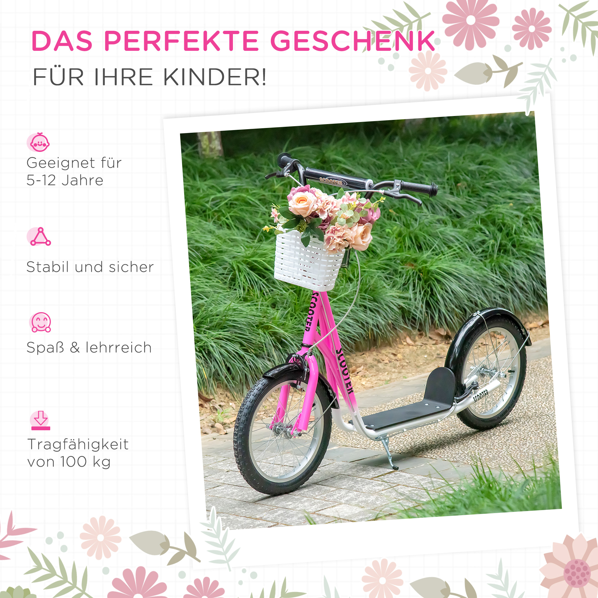 Kinderroller Tretroller mit Bremse, inkl. Korb, höhenverstellbar, für Kinder von 5 bis 12 Jahren, Weiß + Pink