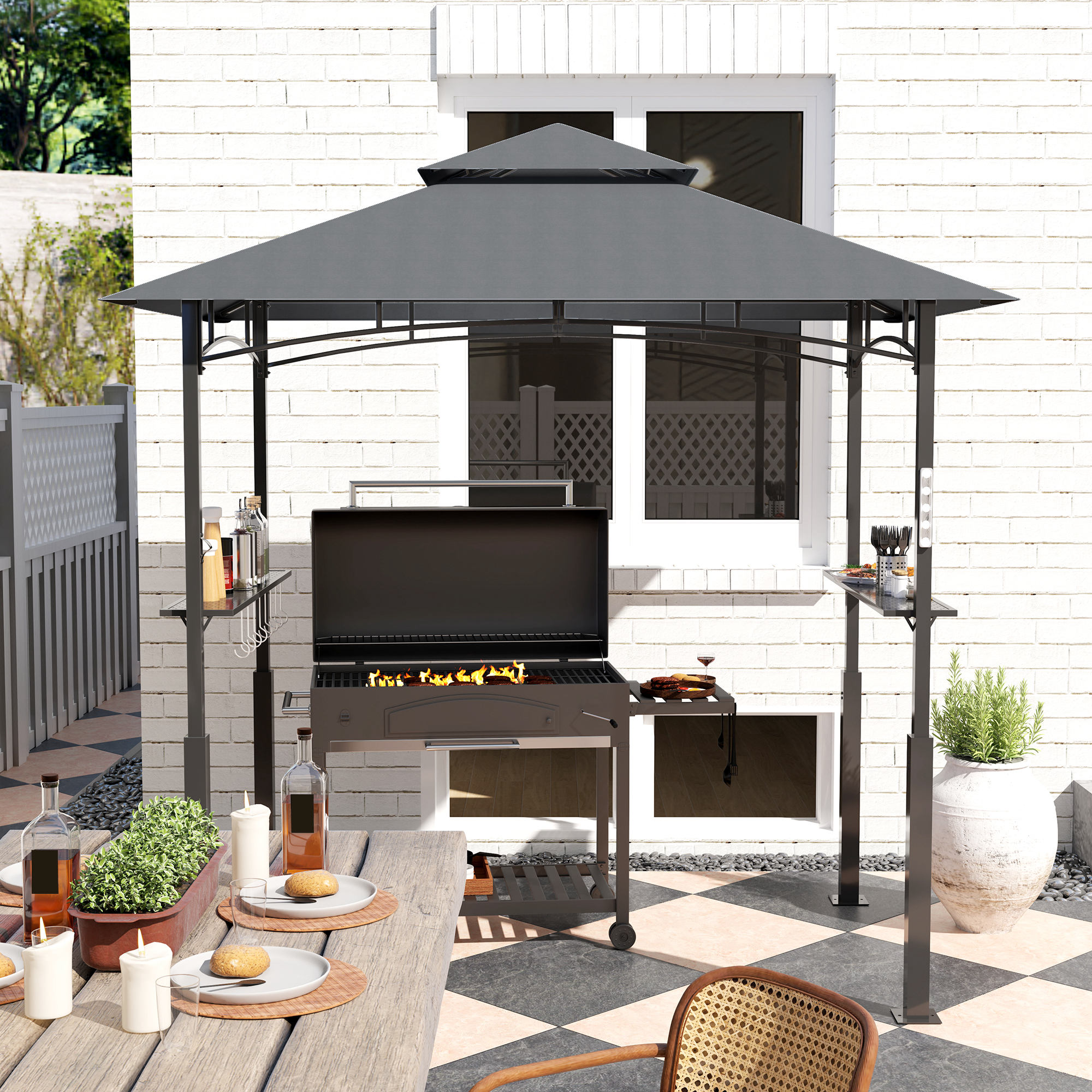Grillpavillon, Gartengrillzelt mit Gewürzregalen, LED-Beleuchtung, Metall, Kunststoff, 243L x 148B x 248H cm, Grau