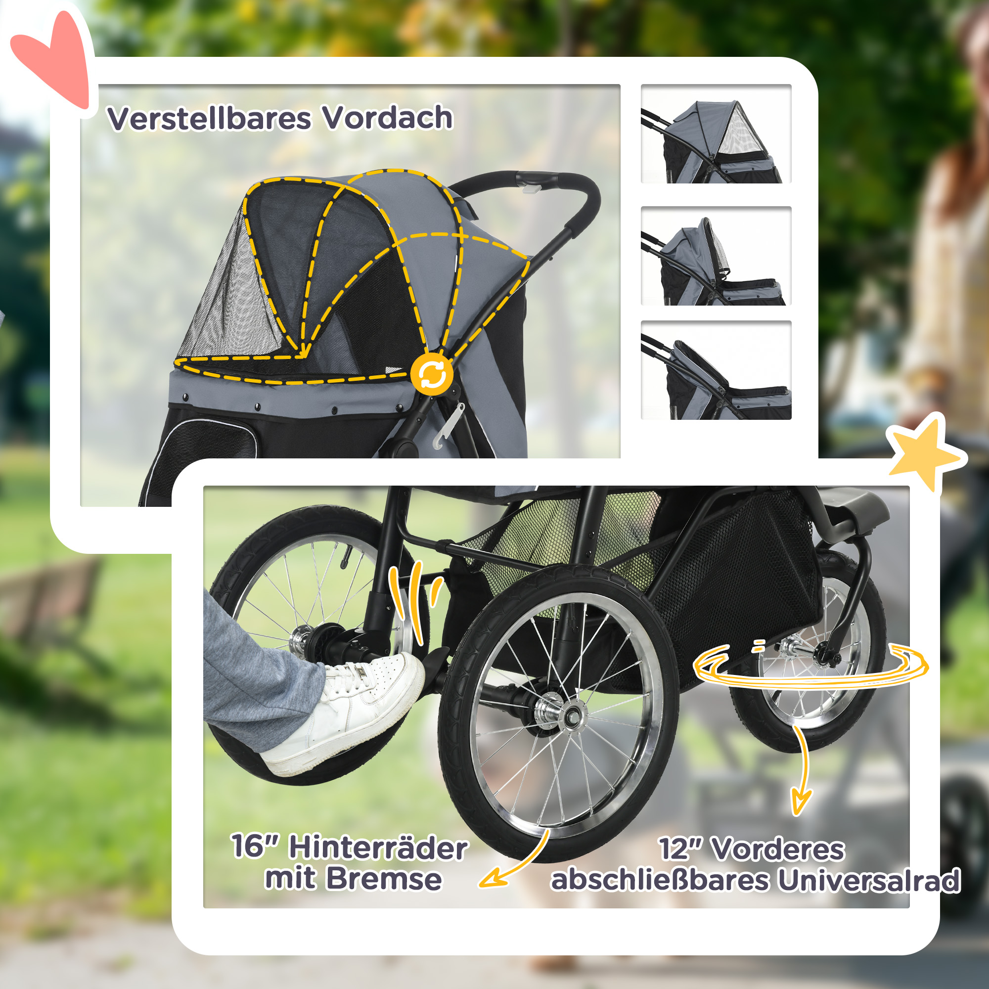 Hundewagen Hundetrolley mit Jogger-Funktion bis 20 kg Klappbar Netzfenster, Ablagekorb, Grau, 111 x 58 x 107 cm
