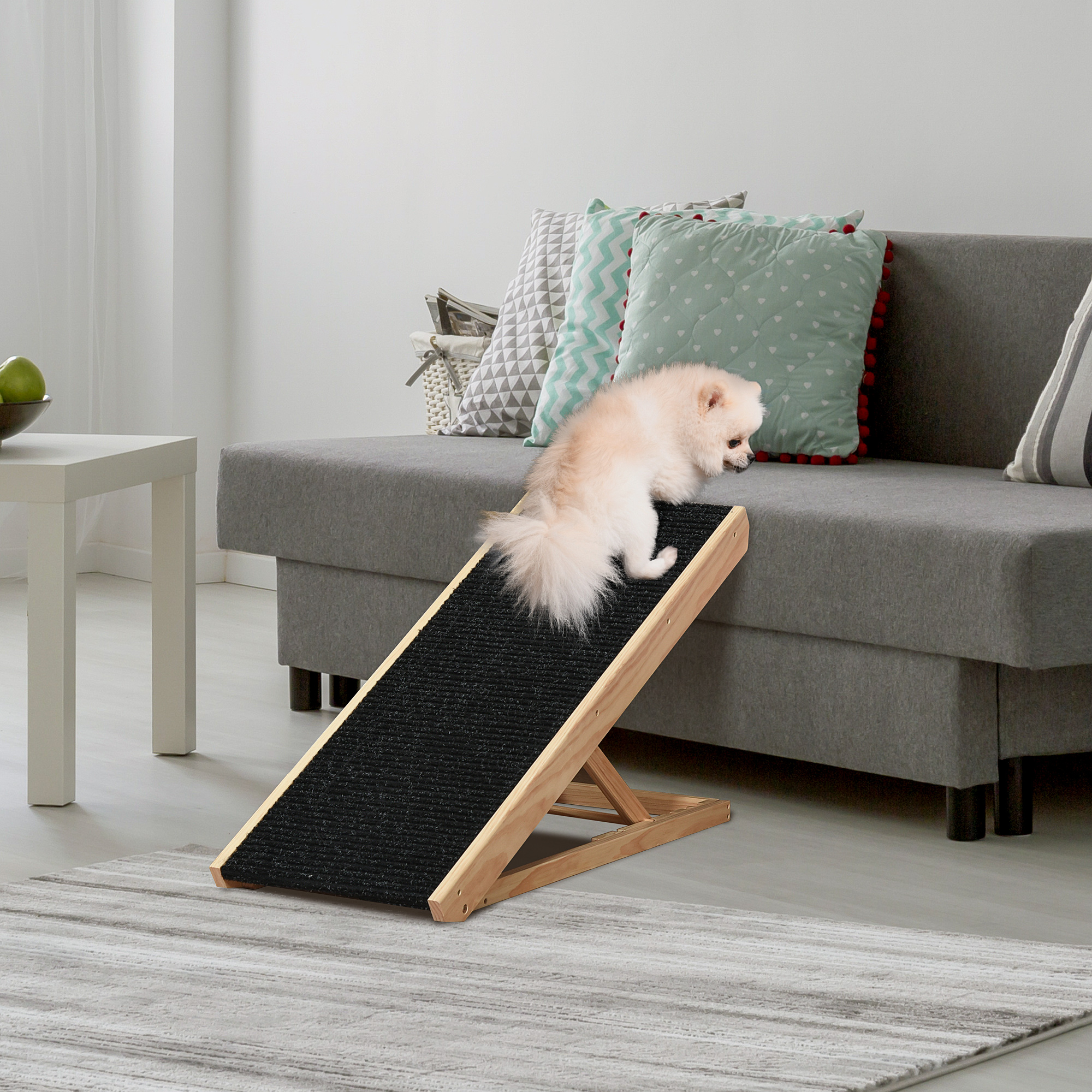 Haustierrampe mit rutschfestem Teppich verstellbarer Haustierleiter Hunderampe für großen Hund Kiefernholz Polyester Schwarz+Naturholz 90B x 40T x 61H cm