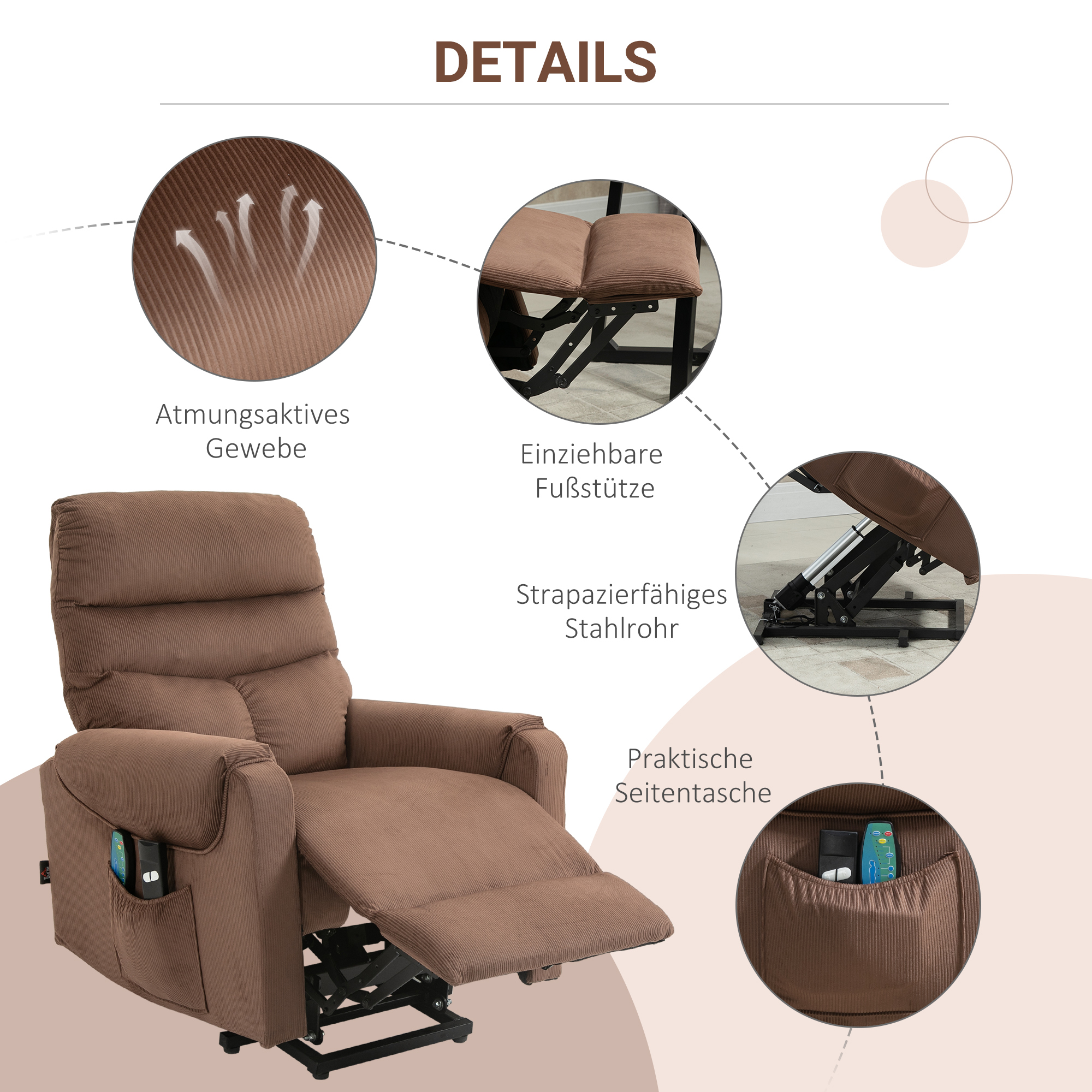 Fernsehsessel mit Aufstehhilfe Elektrisch, Massagesessel mit Liegefunktion und Wärmefunktion, Relaxsessel mit Fernbedienung und Seitentasche Verstellbar Polyester-Gewebe Braun