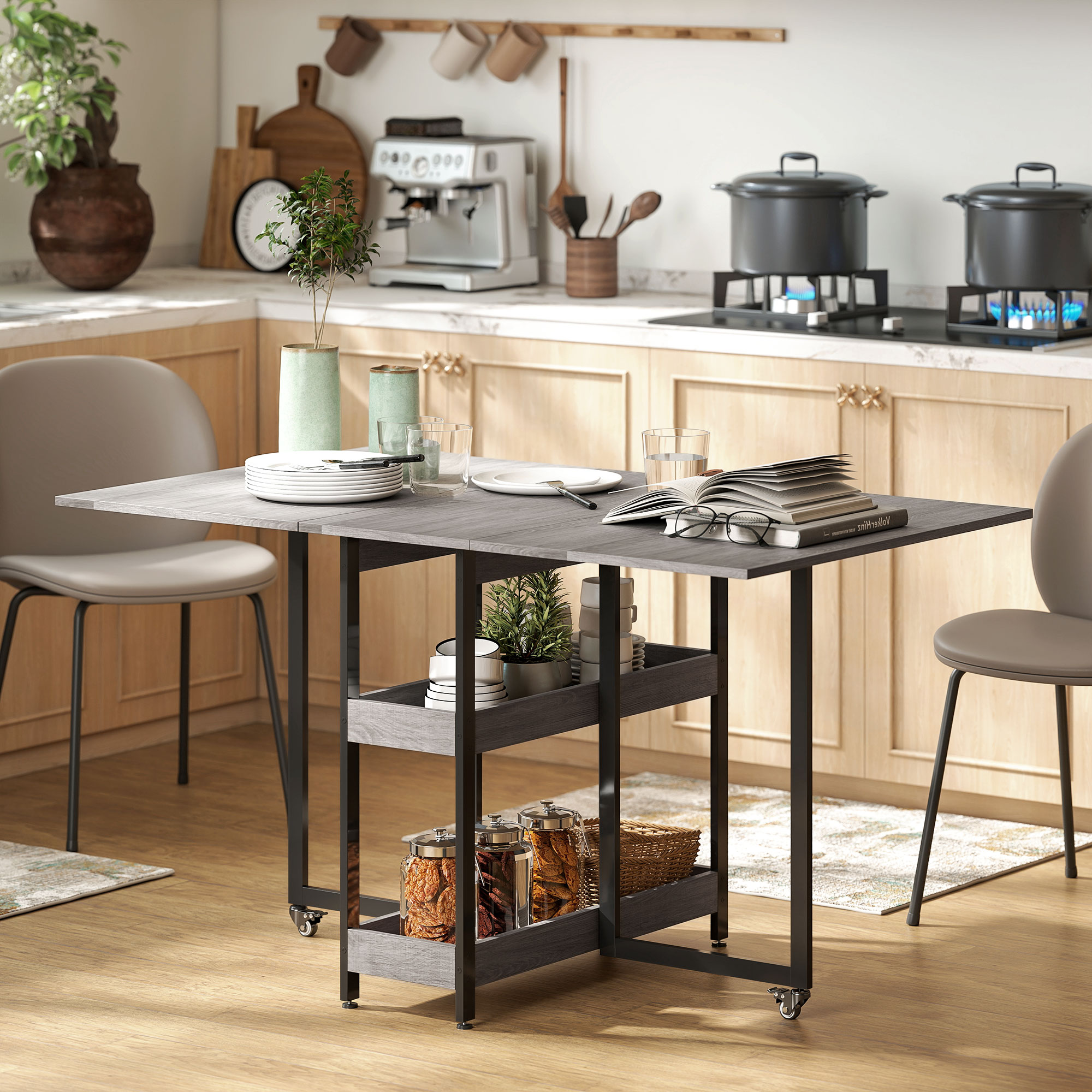 Klappbarer Esstisch im Industriedesign, für bis zu 4 Personen, offene Regale, flexibel, Metall, Spanplatte, Grau