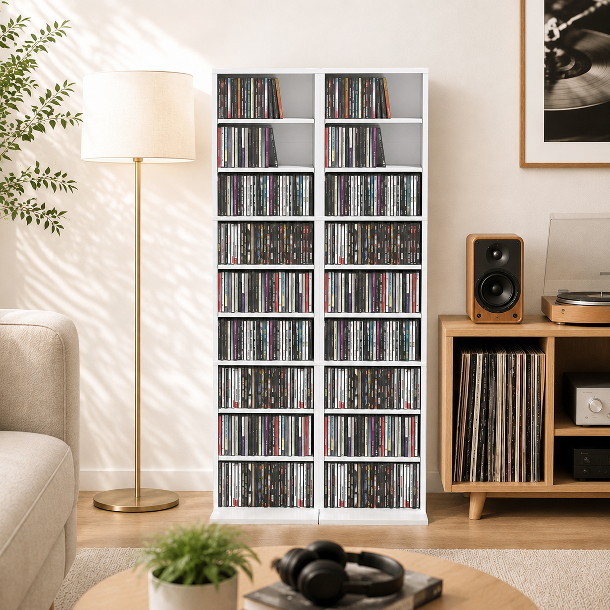 CD-/DVD-Regal, 9 Ebenen, schmales Standregal mit 6 verstellbaren Böden, für 260 CDs, Weiß