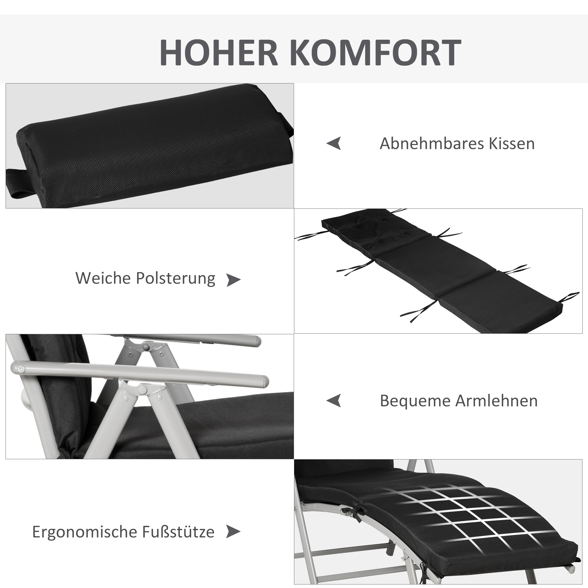 Sonnenliege klappbar Strandliege mit Kopfkissen Sitzkissen Liegestuhl mit 7-Fach verstellbare Rückenlehne Gartenliege Relaxliege bis 165 kg belastbar, für Garten Urlaub Outdoor, Schwarz