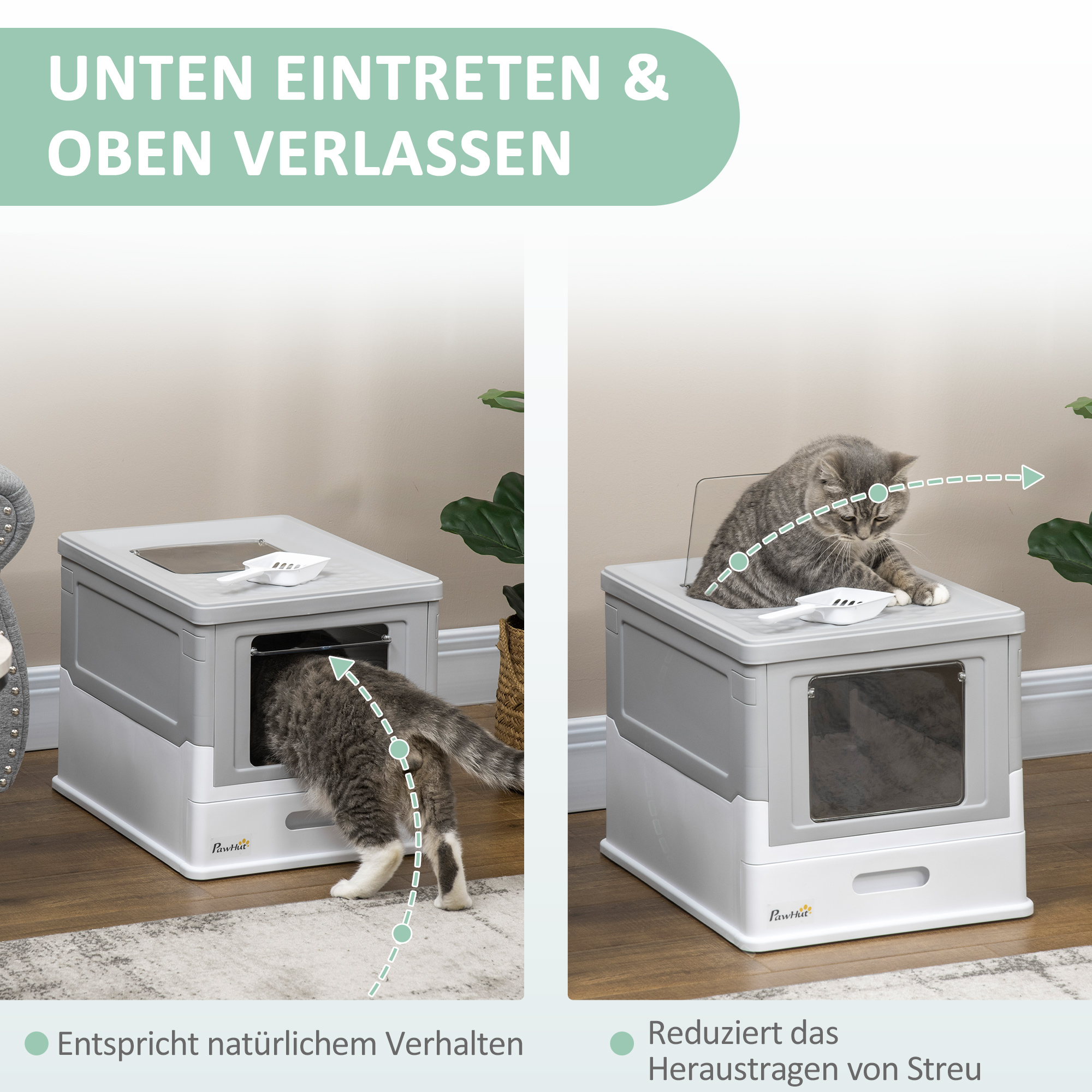 Katzentoilette Katzenklo Katzenhaus mit Bodenschale und Schaufel Kunststoff Grau
