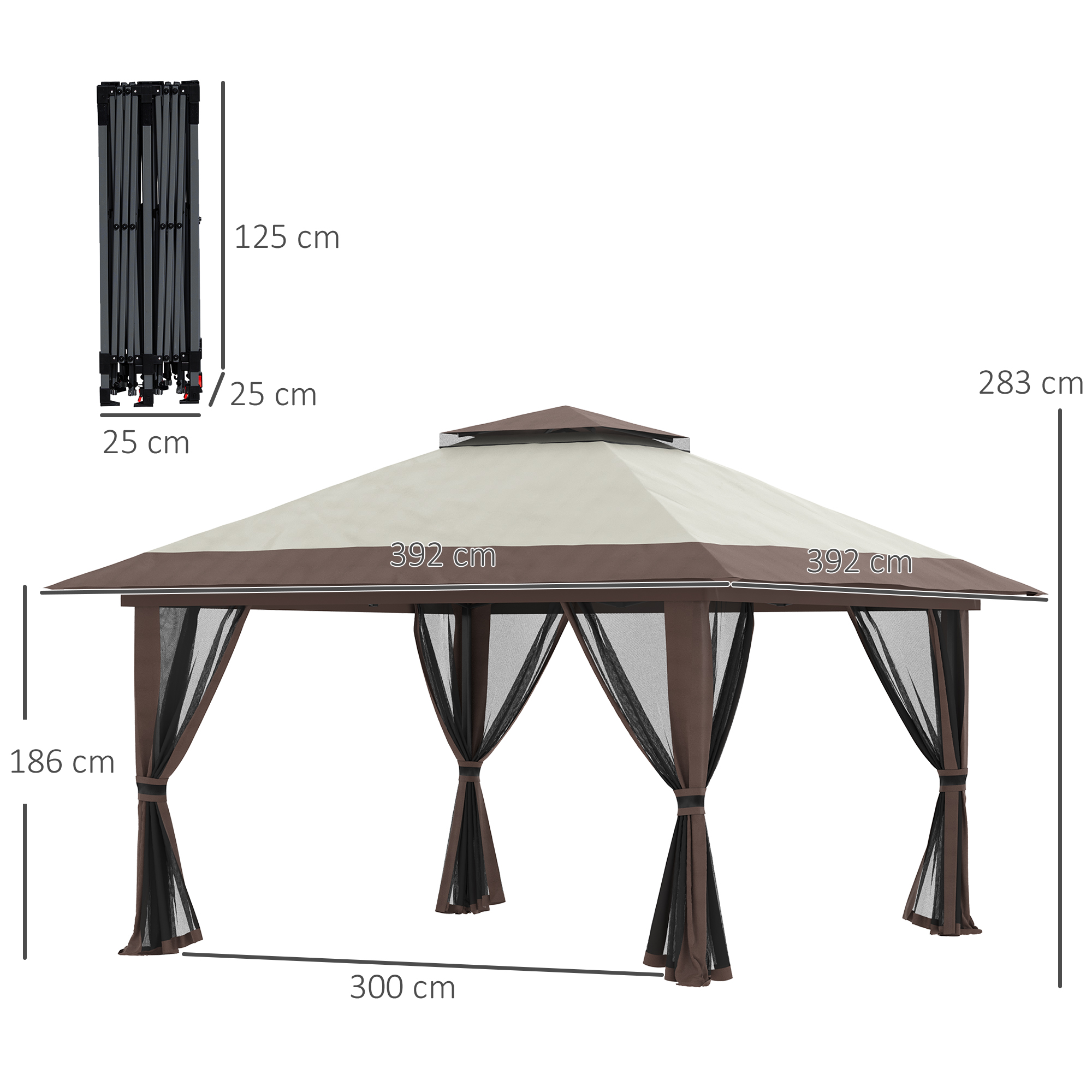Faltpavillon, höhenverstellbar, 4 Netzwände, Lüftungsdach, Tragetasche, Schnellaufbau, 4 x 4 x 3 m, Beige