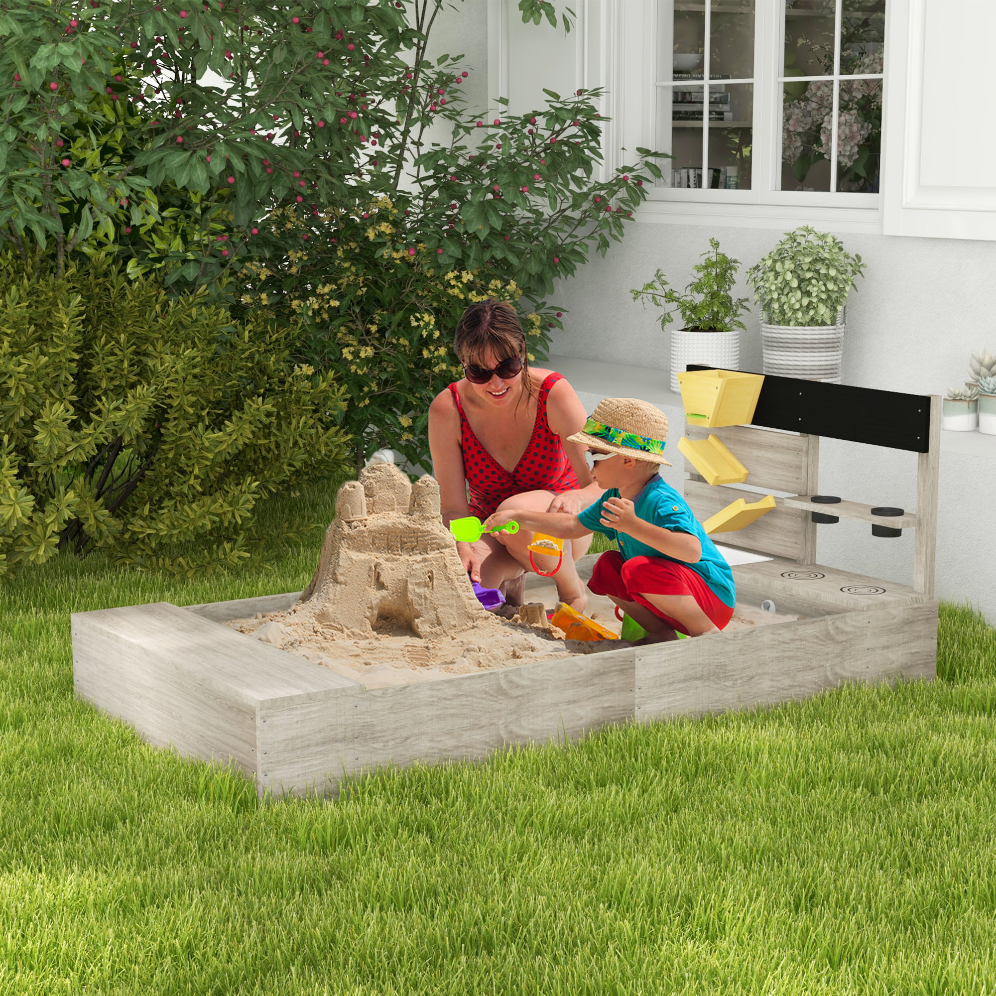 Sandkasten mit Wasserstation, 2 Pflanzkästen, behandeltes Massivholz, 154 x 80 x 60cm, Grau