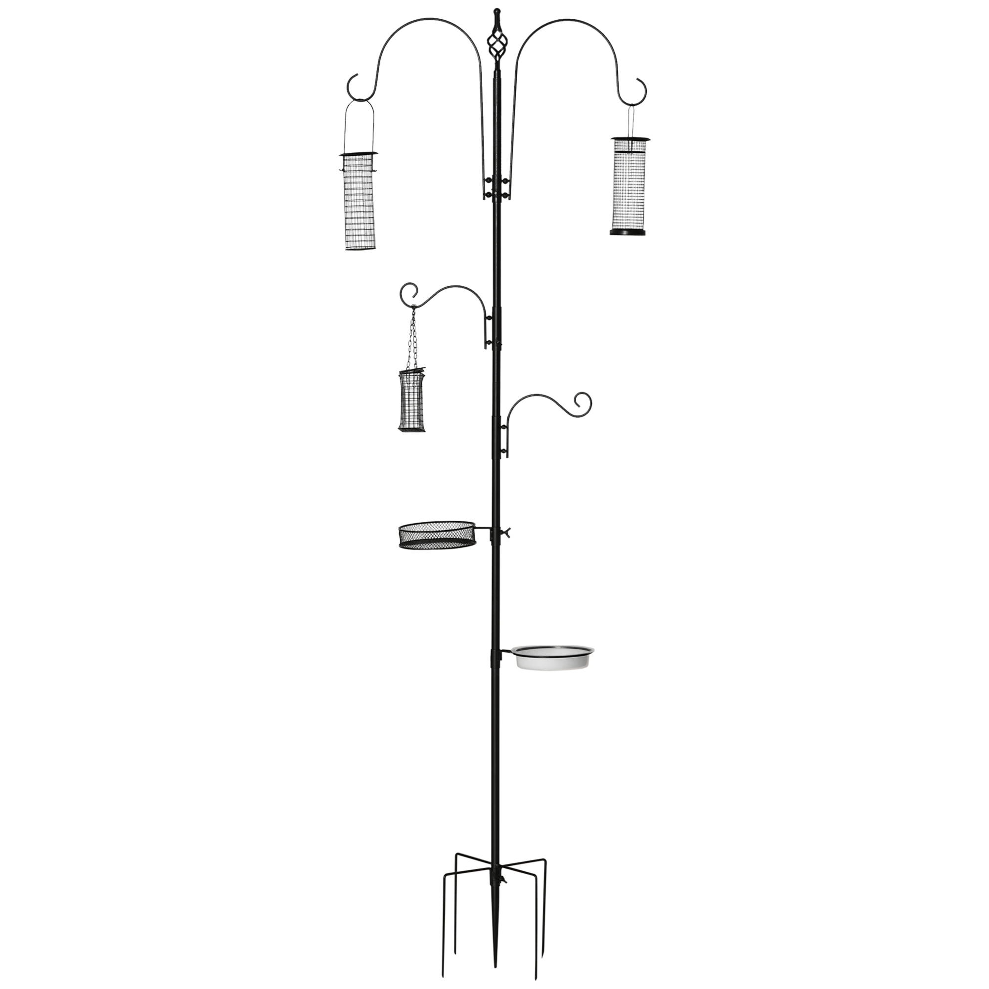 Vogel Futterstation 208 cm Vogelfutterstation mit 4 Haken, Erdspieß, Wasser- & Futterschale, Futtersäule Freistehend Vogelfutterspender für Garten Wildvögel Stahl Schwarz