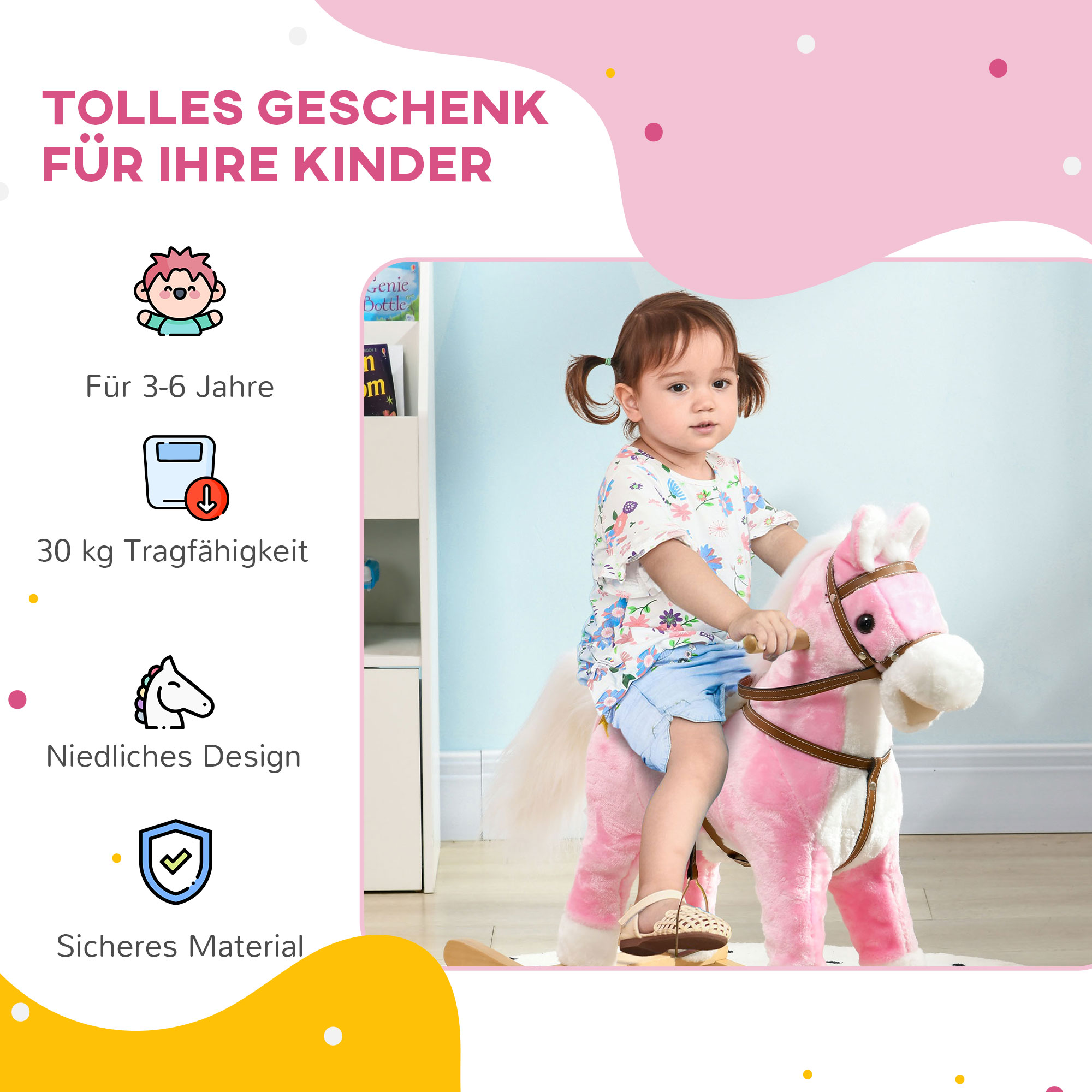 Schaukelpferd, Sattel mit Steigbügeln, Soundeffekte, Musik, Plüschkörper, Metallrahmen, bis 30 kg, pink