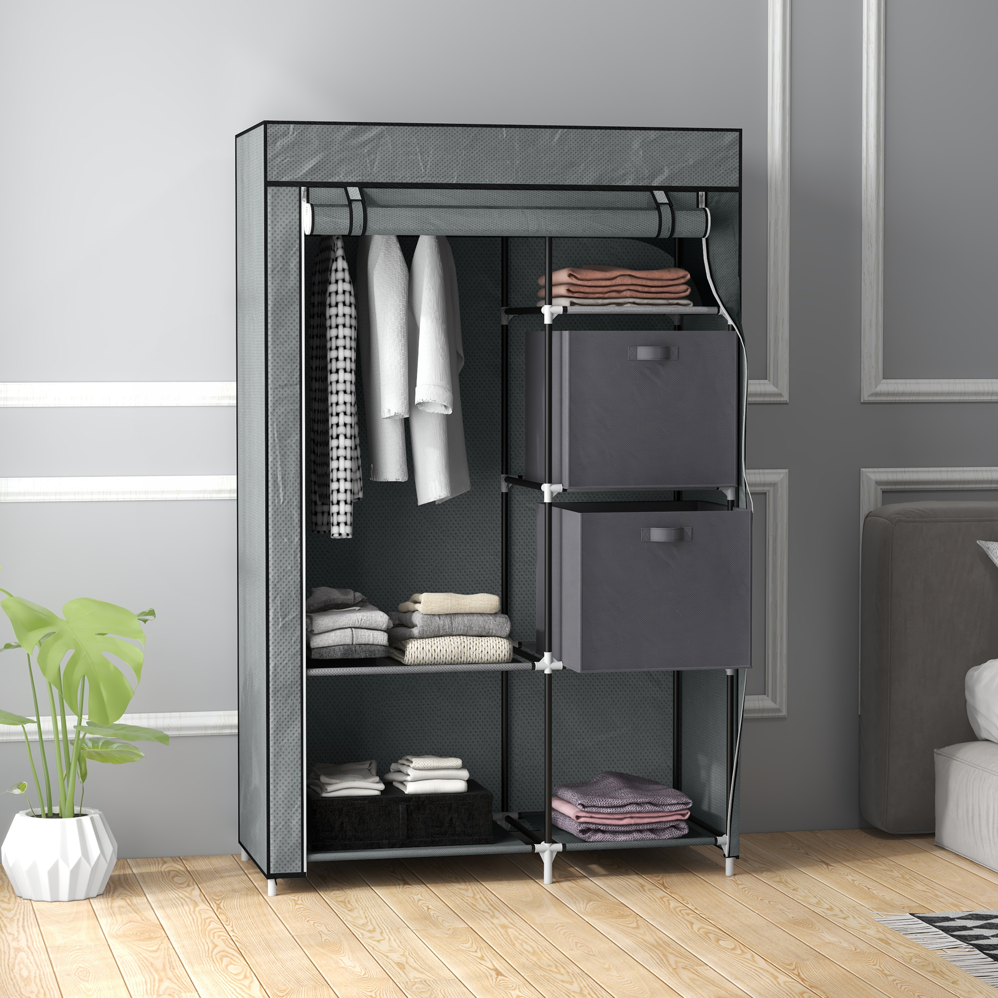 Stoffschrank Kleiderschrank faltbarer Schrank, 1 Kleiderstange, 6 Regalböden, 102 x 42,5 x 162,5 cm, Grau