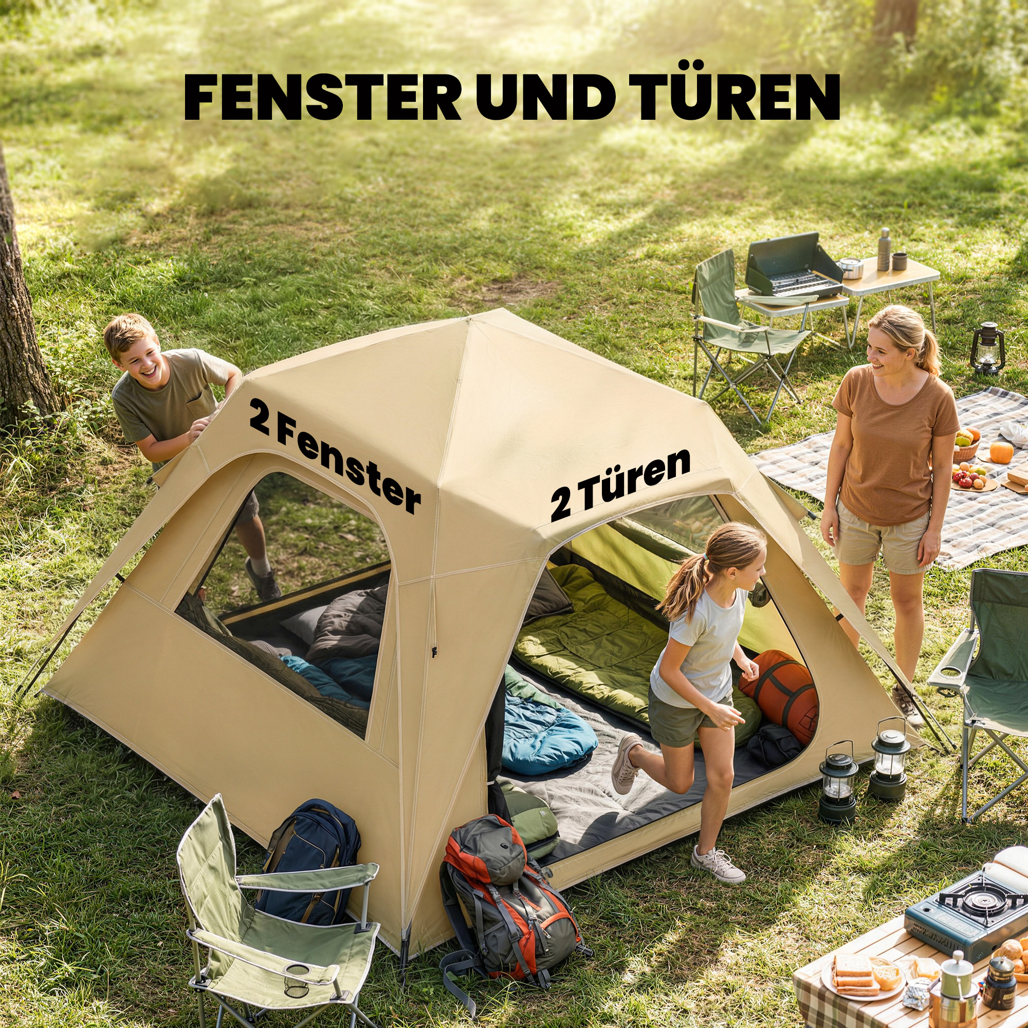Instant-Pop-Up-Zelt mit Regenschutz, wasserdicht Kuppelzelt für 2-3 Personen mit 2 Türen 2 Fenstern 240x240x160 cm Khaki
