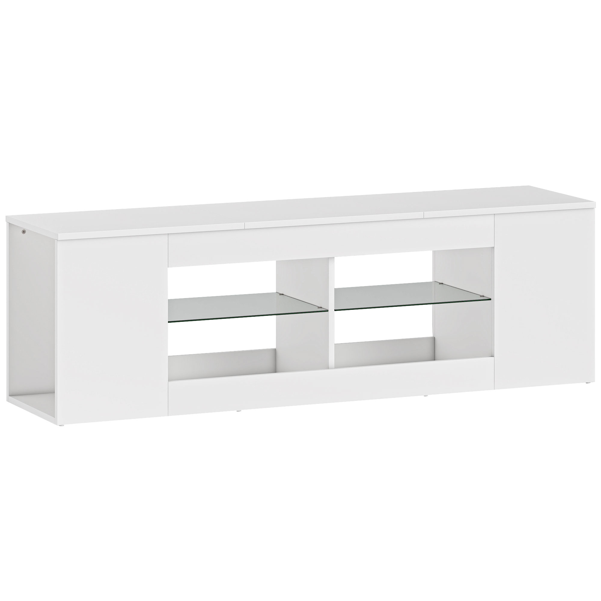 140 cm TV-Ständer, Fernseh-Kommode, 6 Fächer, 2 Glasregale, Spanplatte, Weiß