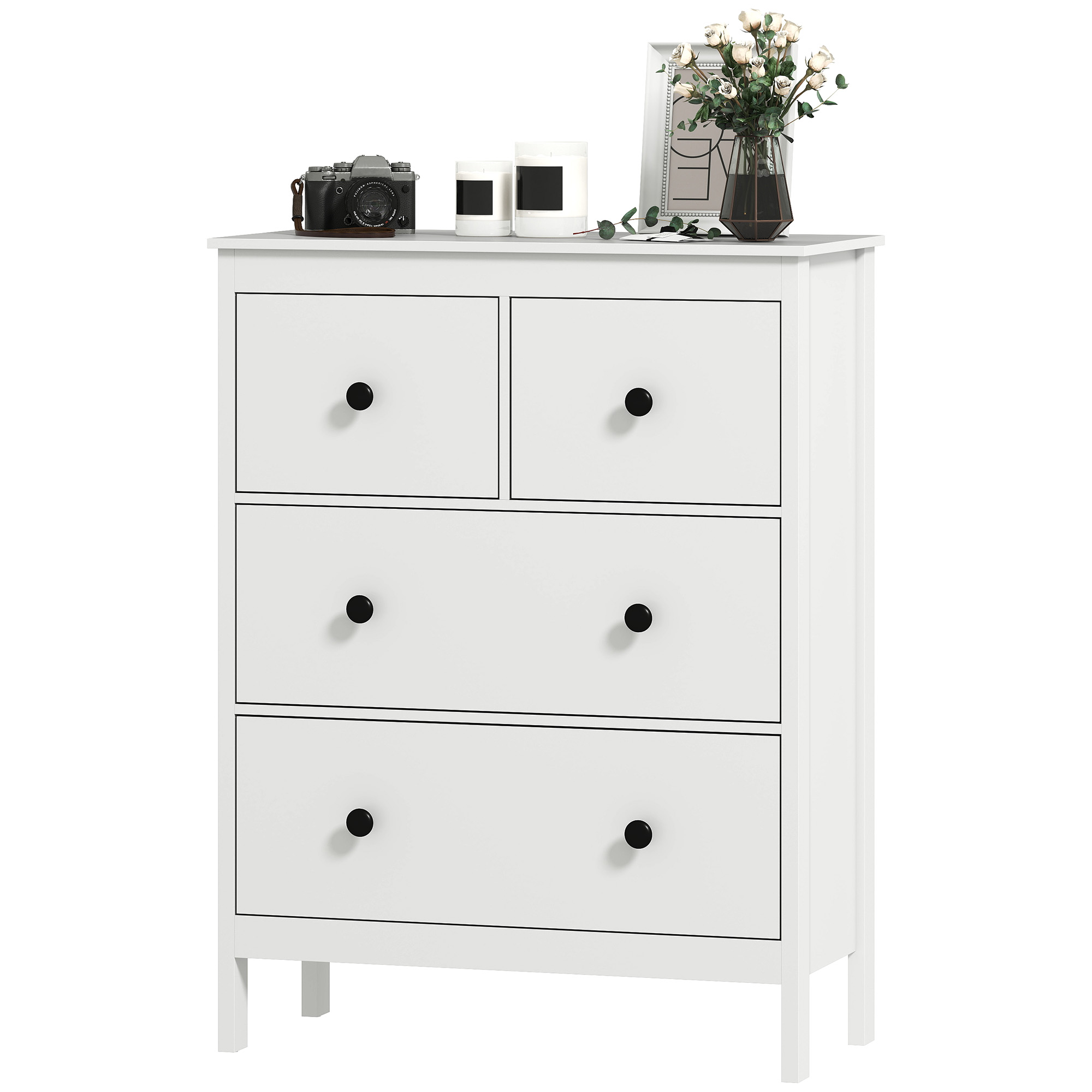 Kommode mit 4 Schubladen, für Kleidung & Bettwäsche, Wohnzimmer, Schlafzimmer, Flur, Spanplatte, Weiß