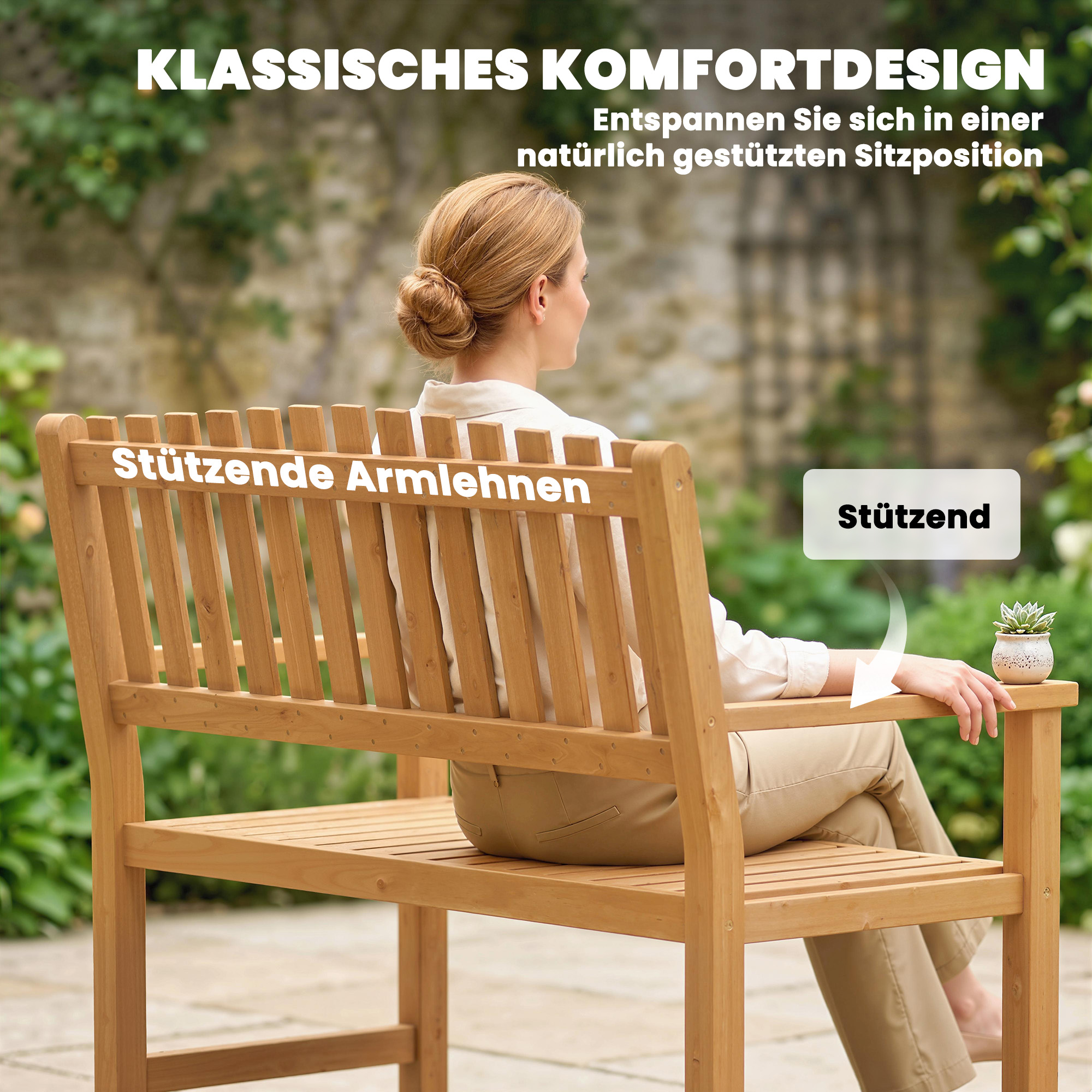 Gartenbank 2-Sitzer Wetterfest Holzbank mit Lamelldesign Armlehnen, Holz Sitzbank bis 320 kg 112 x 64 x 92 cm Naturholz