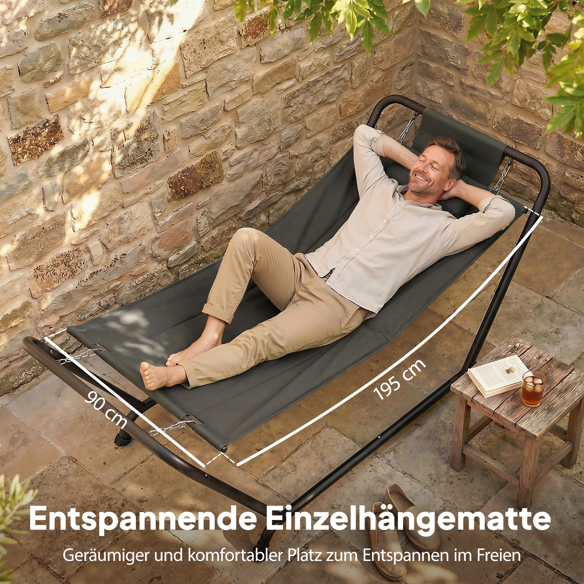 Hängematte mit Gestell 237 x 90 cm Stabhängematte mit Seitentasche, Kopfstütze Metallrahmen bis 150 kg