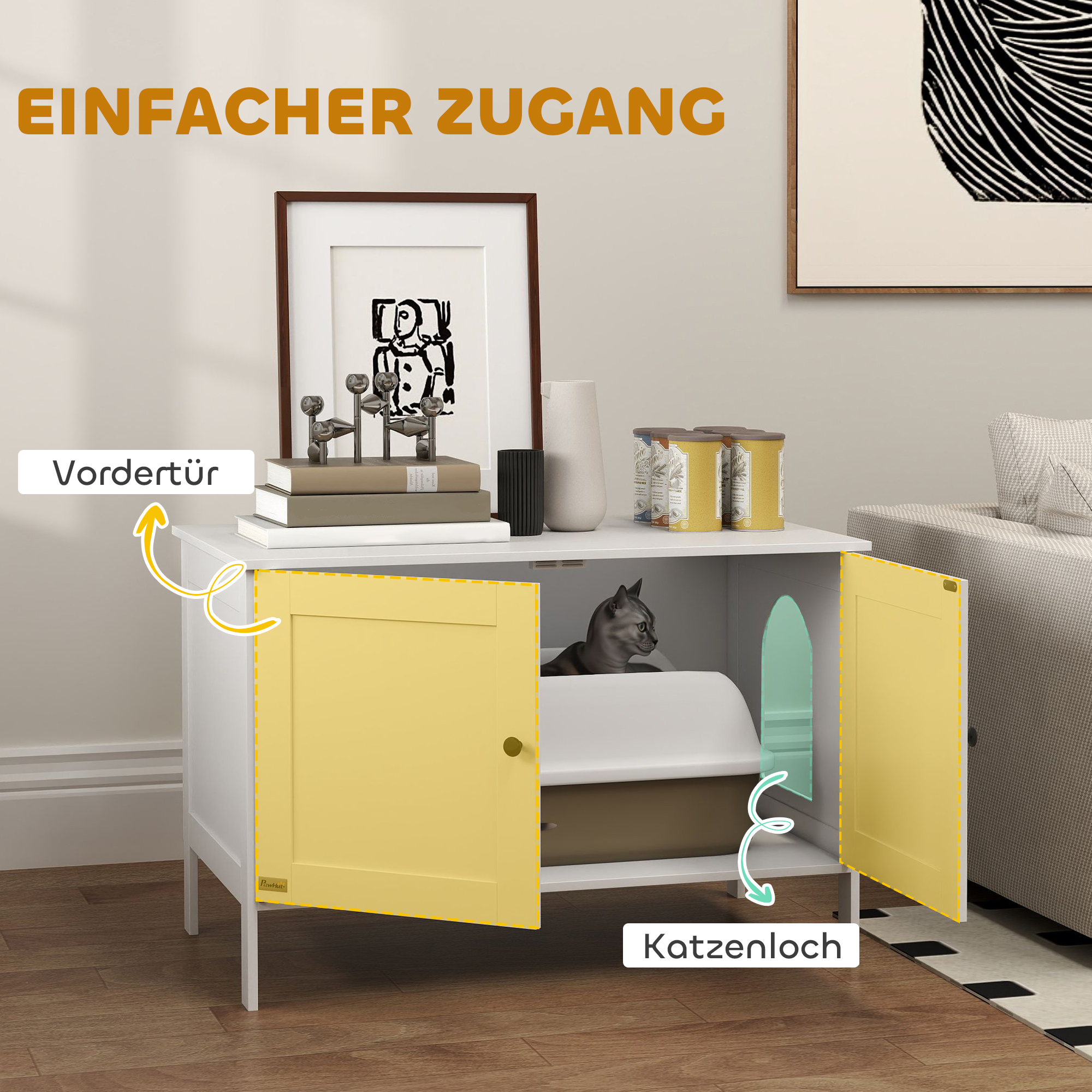 Katzenklo-Schrank Katzenhaus mit Tür Trennwand Katzentoilette für große Katzen 80 x 51 x 54 cm Weiß