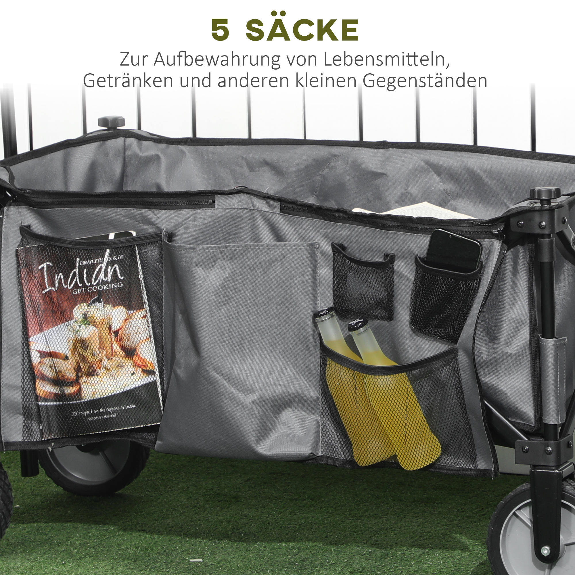 Bollerwagen, klappbar, 5 Seitentaschen, verstellbarer Griff, bis 120 kg, Stahl, dunkelgrau, 100 x 55 x 93 cm