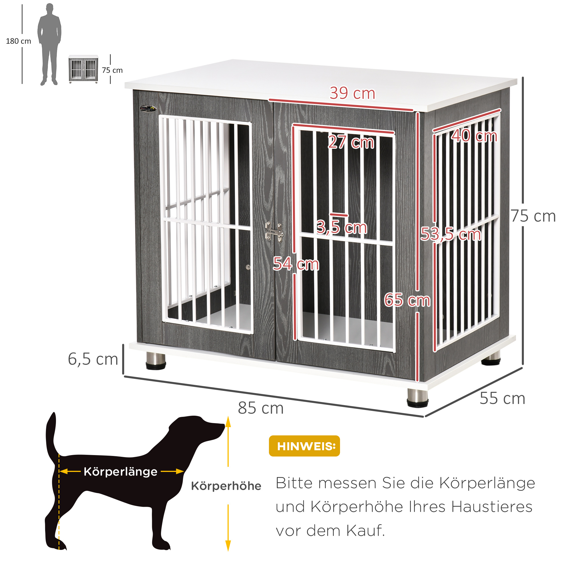 Transportbox für mittelgroße und kleine Hunde, verriegelbar Holzwerkstoff Stahl Grau + Weiß