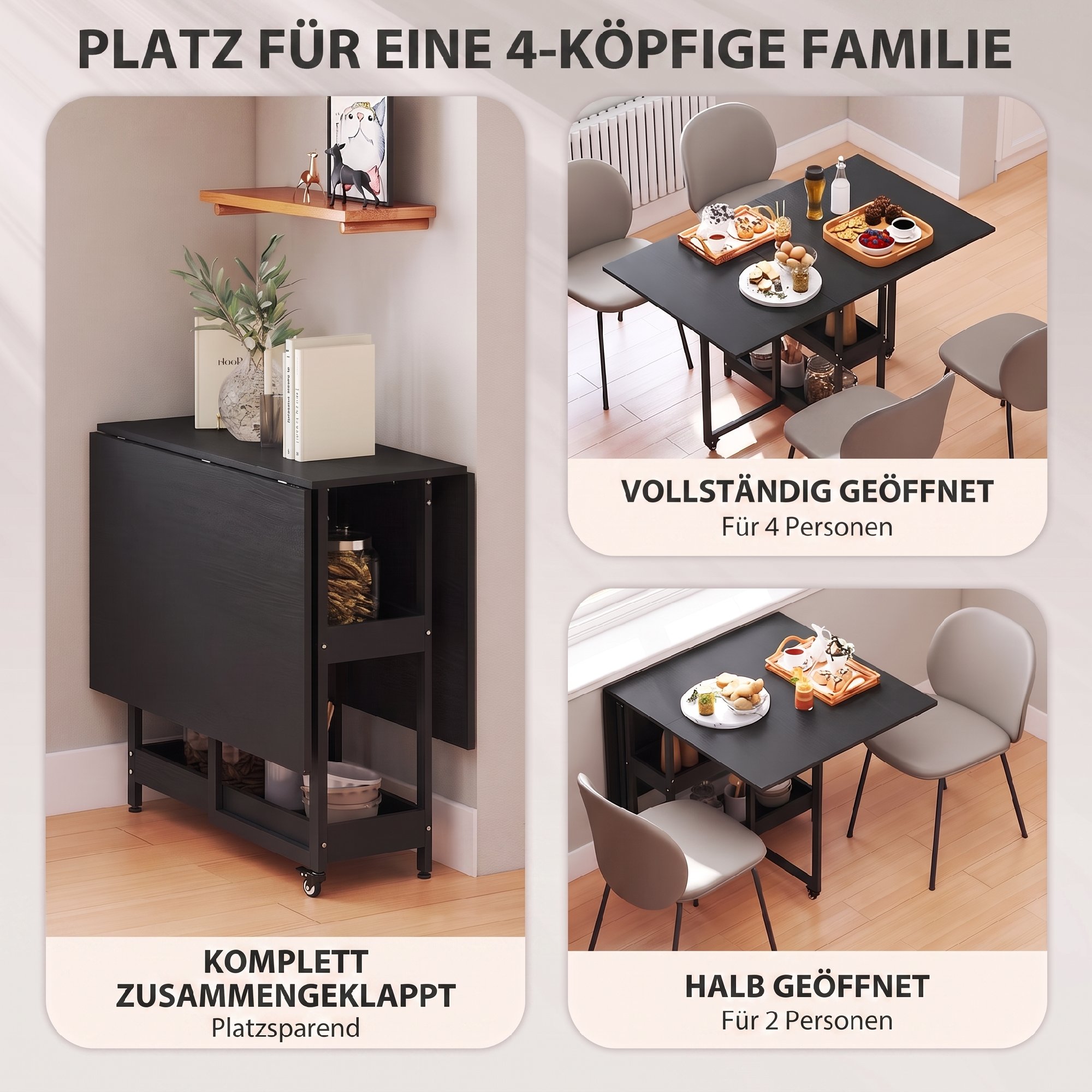 klappbarer Esstisch im Industriedesign, für bis zu 4 Personen, offene Regale, flexibel, Metall, Spanplatte, Schwarz