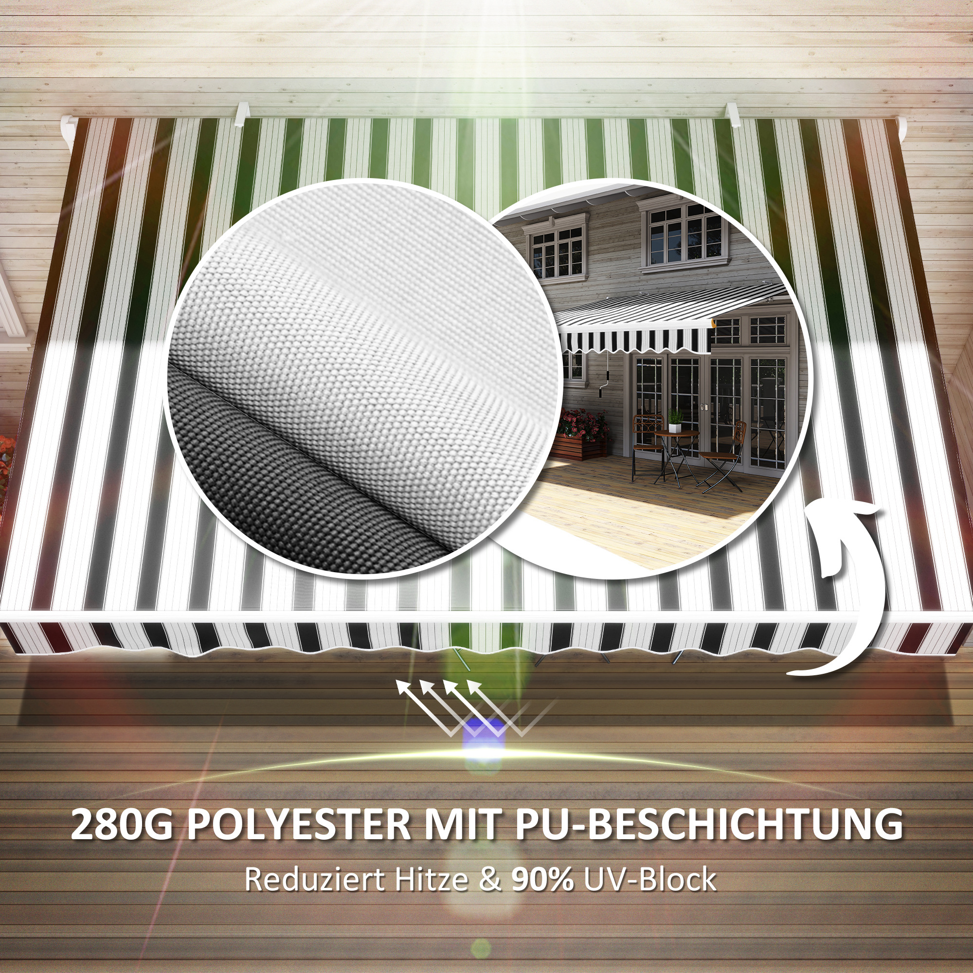 Markise, Sonnenschutz, einfahrbar, mit Handkurbel, Metallrahmen, Polyester, blau+weiß, 3,95 x 2,45 x 3,50 m