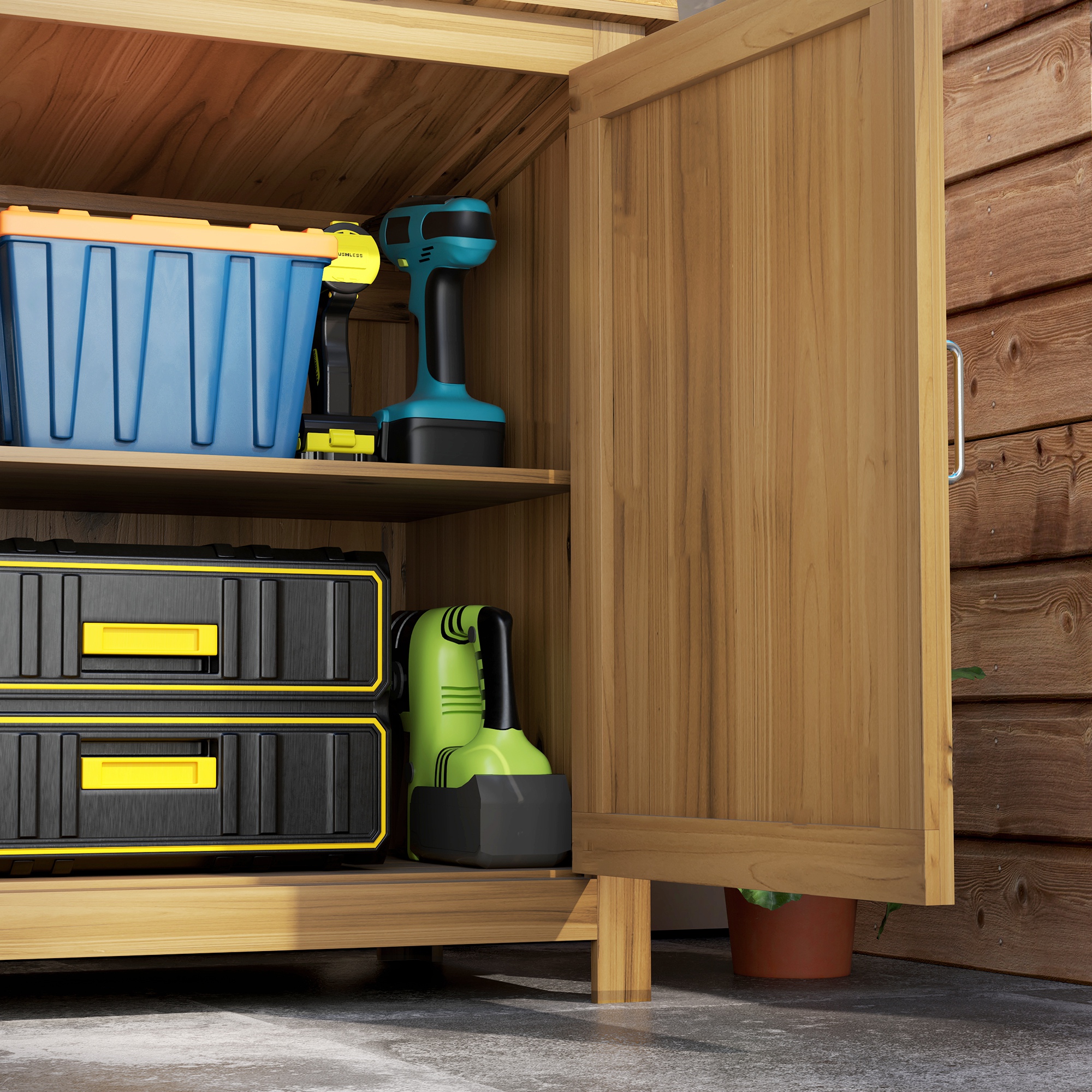 Gartenschrank, Holzkommode mit 2 Regalen für Garten, Terrasse, Wetterfest, 110 x 50 x 85 cm, Braun