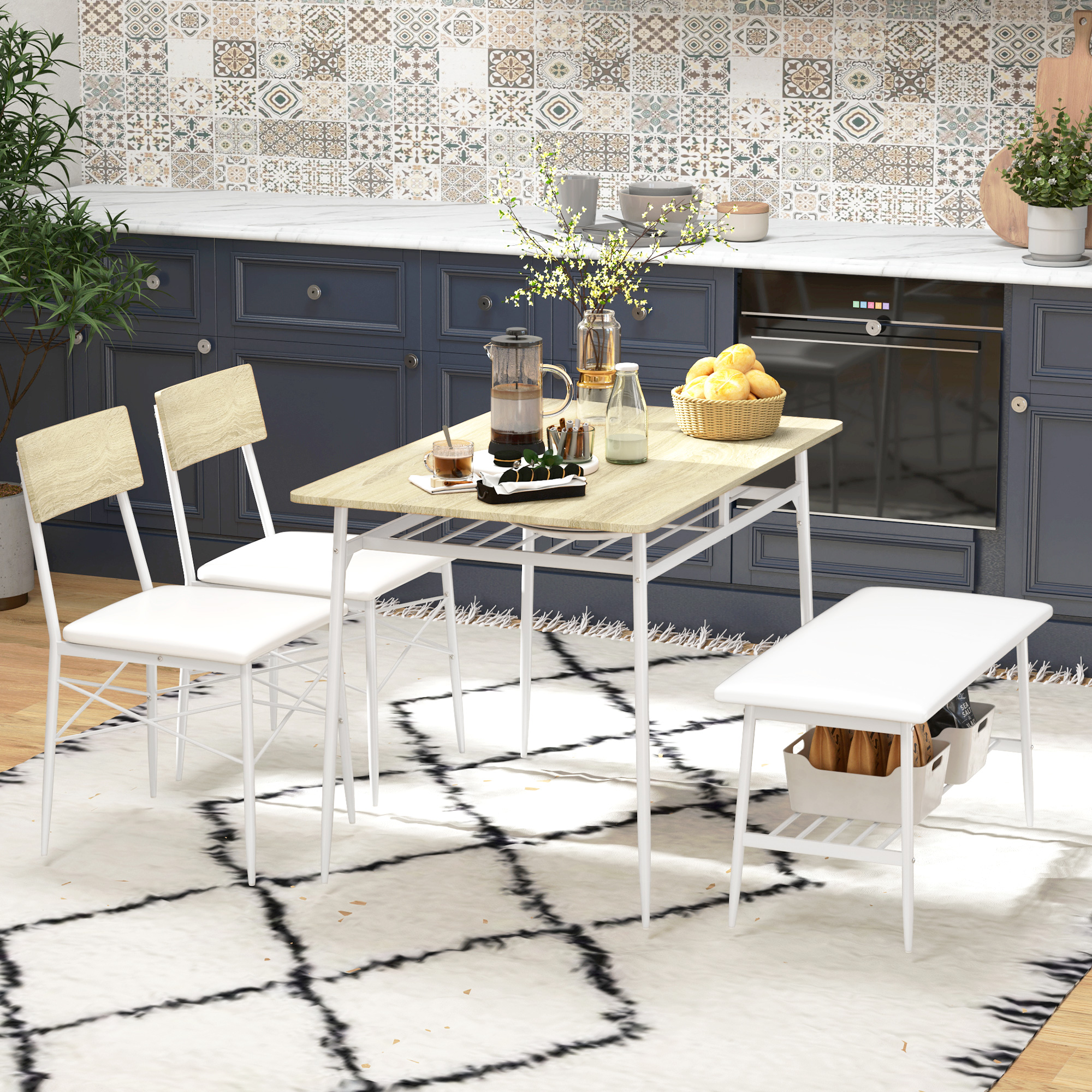 4-teiliges Esstisch-Set mit Stühlen und Bank für 4 Personen, gepolsterte Sitze, Stahlrahmen, Holz, Eiche