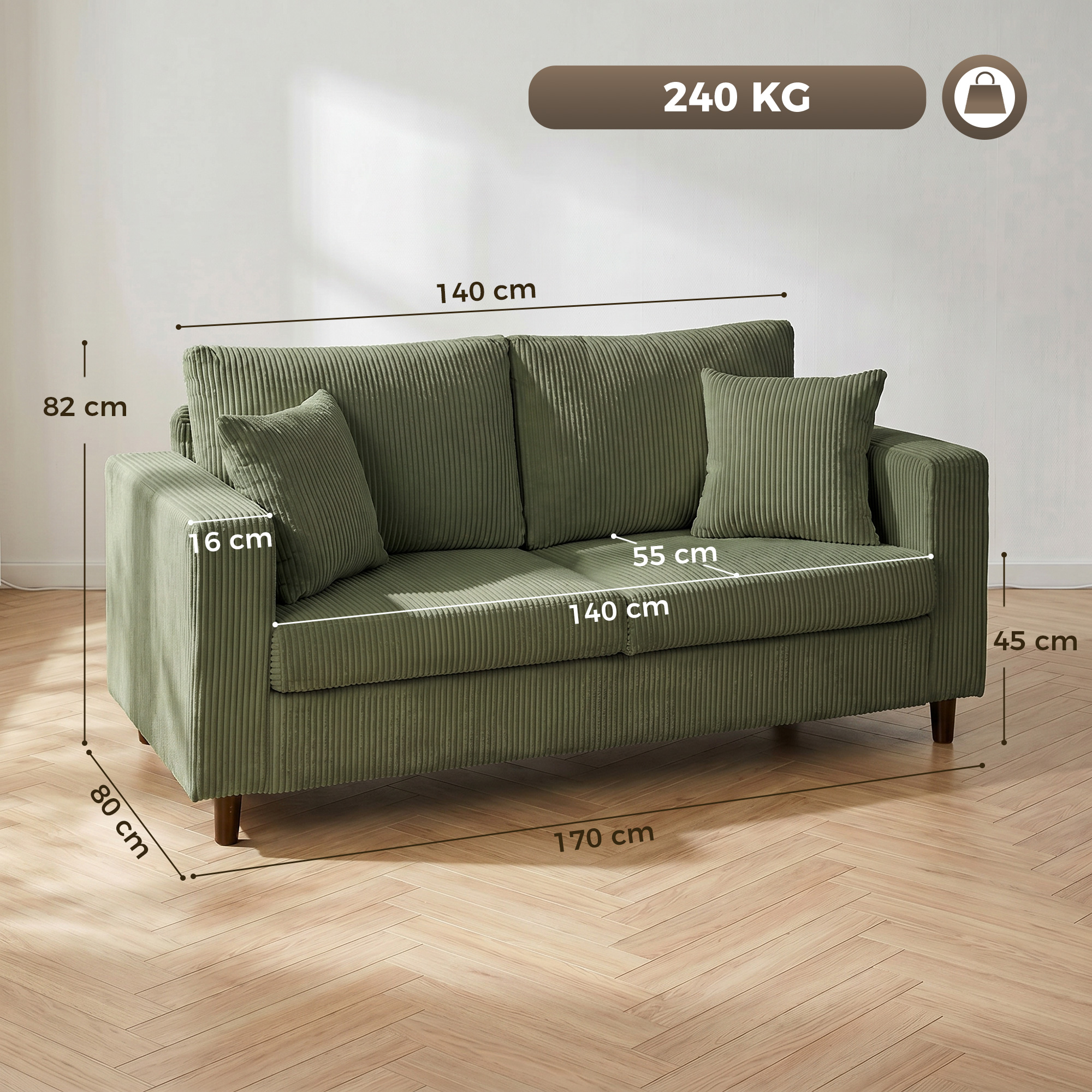 2-Sitzer-Cordsofa mit breiter tiefer Sitzfläche und Federkernpolster, grün