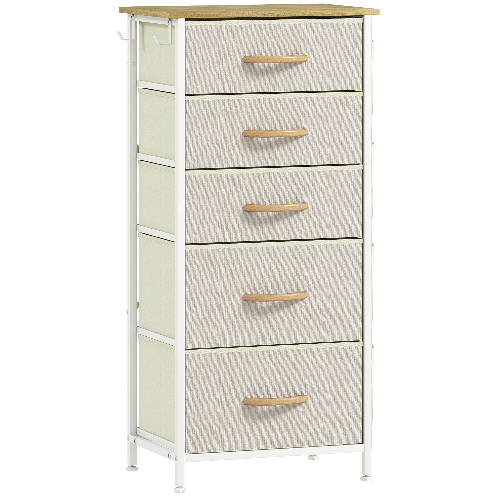 Schlafzimmer-Kommode mit 5 Stoffschubladen, Stahlstreben, Holzoberfläche, 4 Aufbewahrungstaschen, 2 Haken, Beige