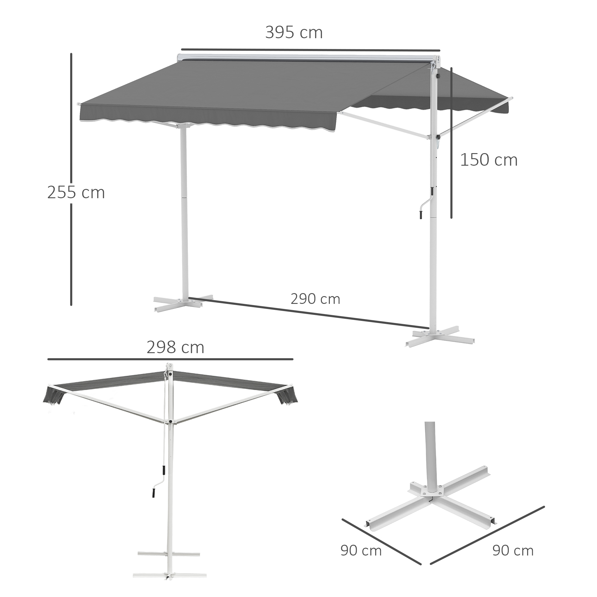 freistehende Markise, neigungsverstellbar, Handkurbel, Metallgestell, wetterfest, 4x3m, Grau