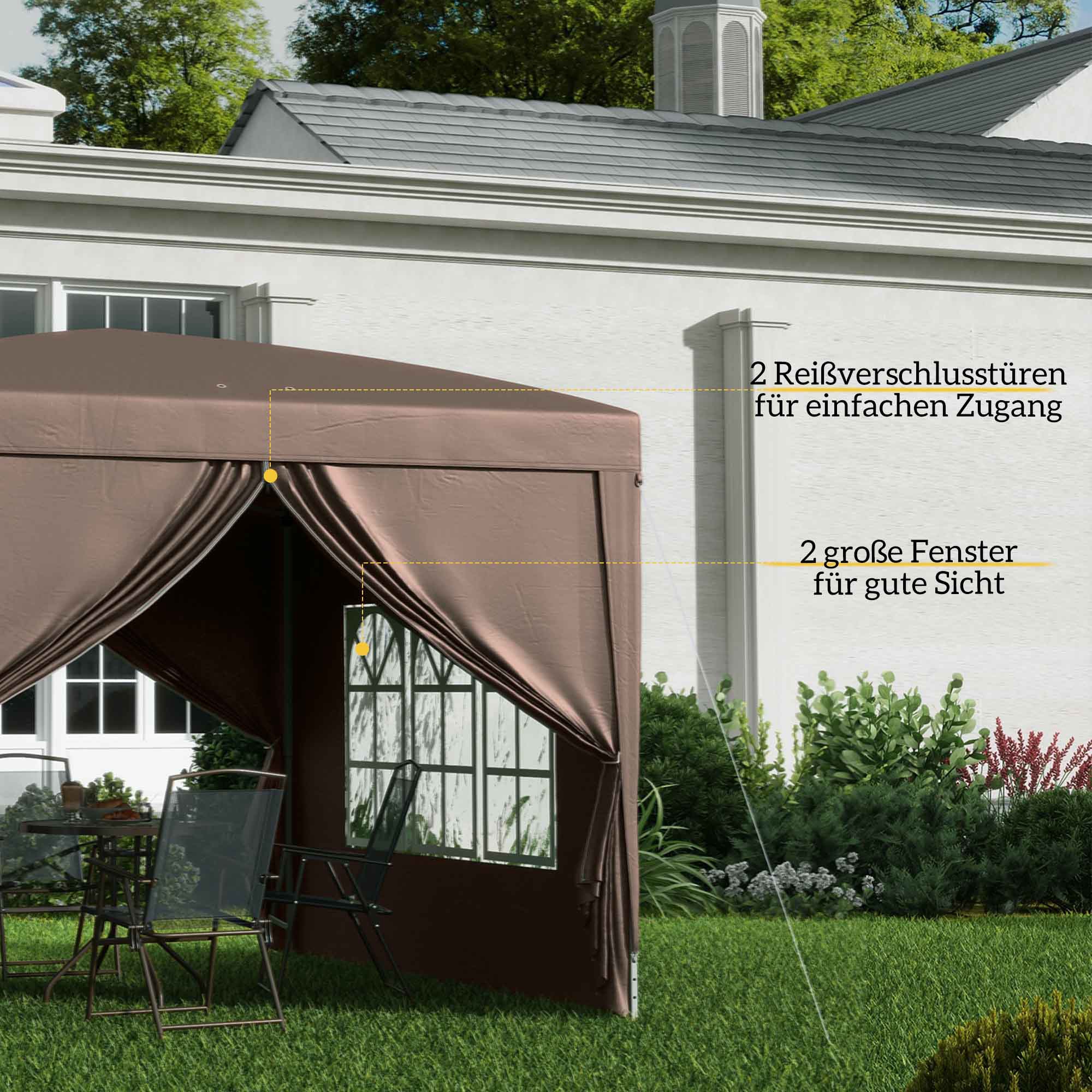 3 x 3 m Pavillon mit 4 Seitenwänden, Fenster, Festzelt mit UV-Schutz, Gartenzelt inkl, Tragetasche, Stahl, Kaffee