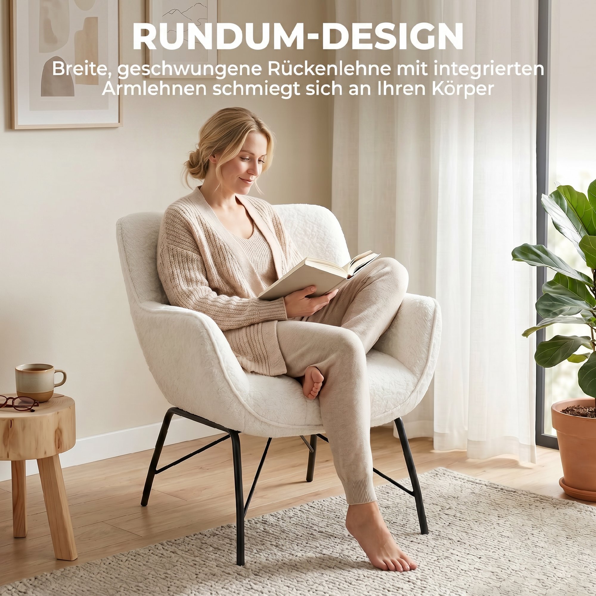 Moderner Loungesessel, Sherpa-Fleece Sessel mit gebogener Rückenlehne, integrierten Armlehnen, Metallbeinen, Cremeweiß