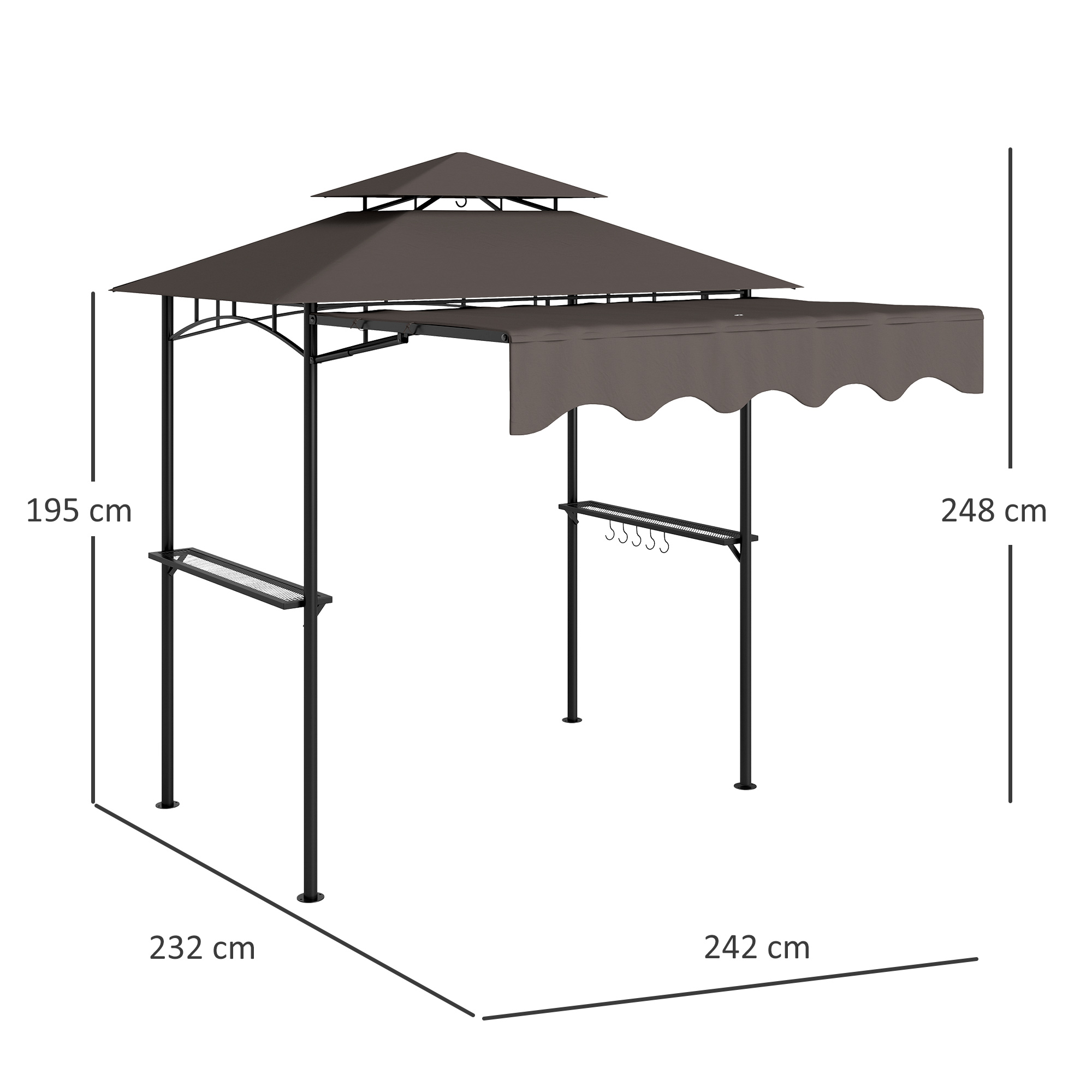 Grillpavillon 242x149x248 cm wasserabweisend flammhemmend Gartenpavillon mit Doppelschichtdach Kaffee