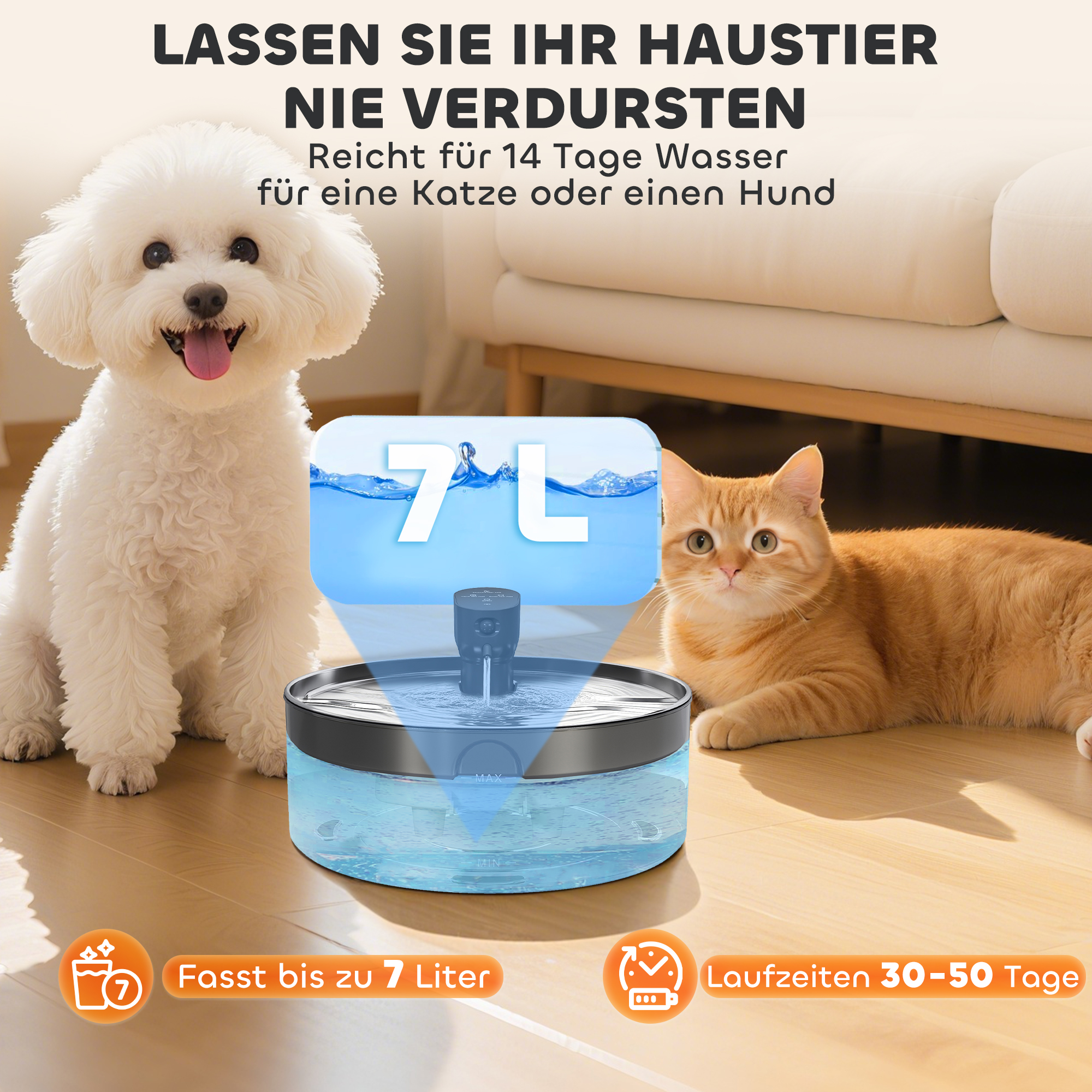 Katzenbrunnen, 7l, Trinkbrunnen für Katzen, mit leiser Pumpe LED Aktivkohlefilter Edelstahl 30,6 x 30,6 x 17,2 cm