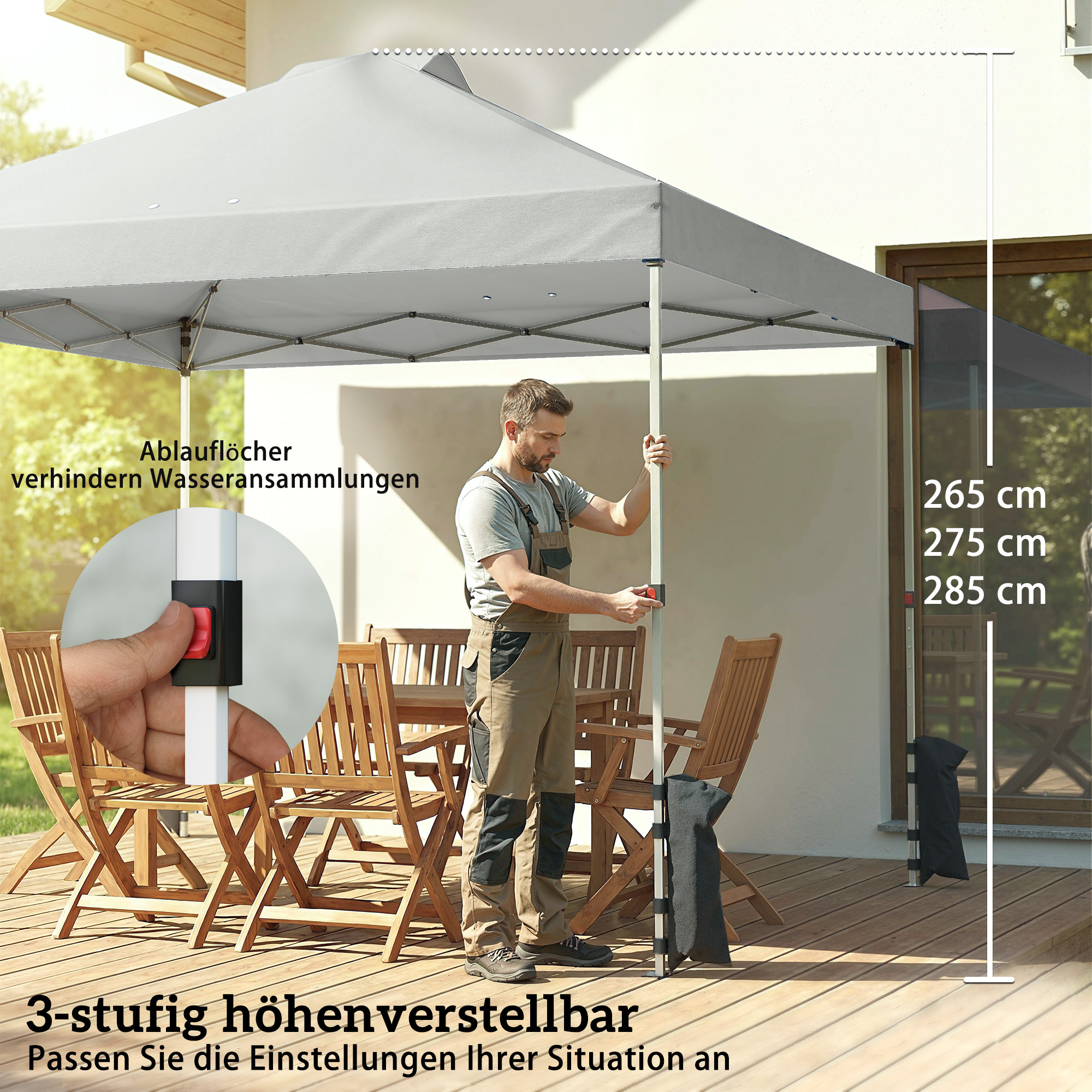 Pavillon ca. 3x3 m Wasserdicht Höhenverstellbar Pop-up Faltpavillon mit 3 Seitenwänden Fenster Lüftung, UV 50+ Hellgrau