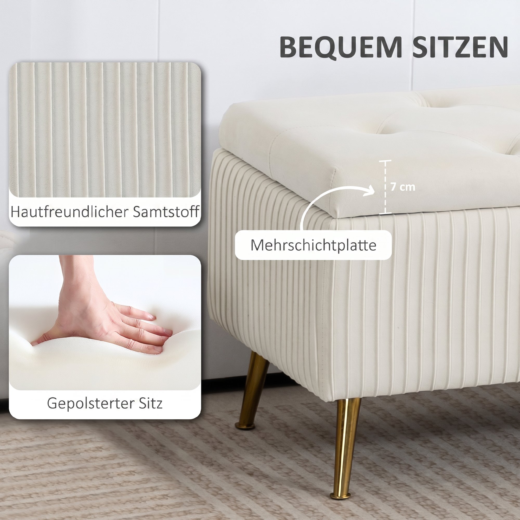 Sitzbank mit Stauraum, Polsterbank mit Samtoptik, Goldene Stahlbeine, Bettbank für Wohnzimmer