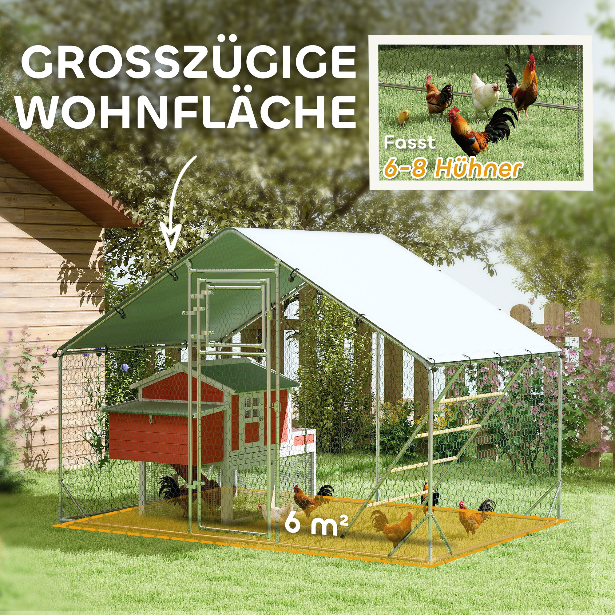 Hühnerstall, Freilaufgehege für Hühner, mit UV-beständiger Plane, Stahlgitter, Futterautomat, für 6-8 Hühner