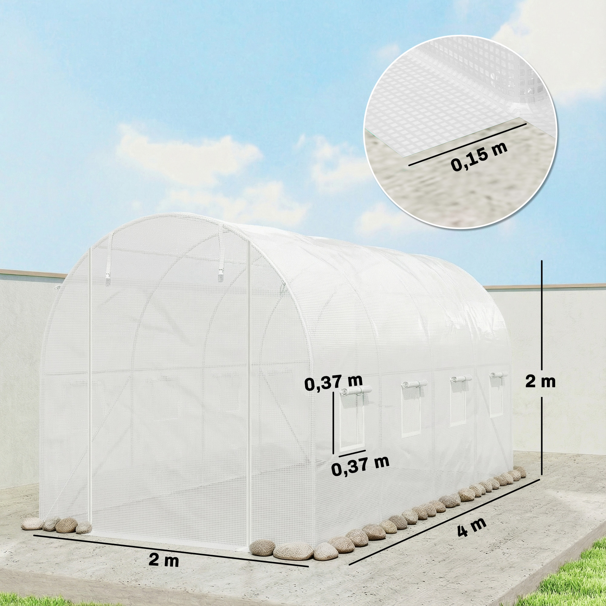 Gewächshausfolie 4 x 2 m, wasserdicht Gartenfolie mit Tür, 8 Fenster, UV Schutz, Reißfest Polyethylen Weiß