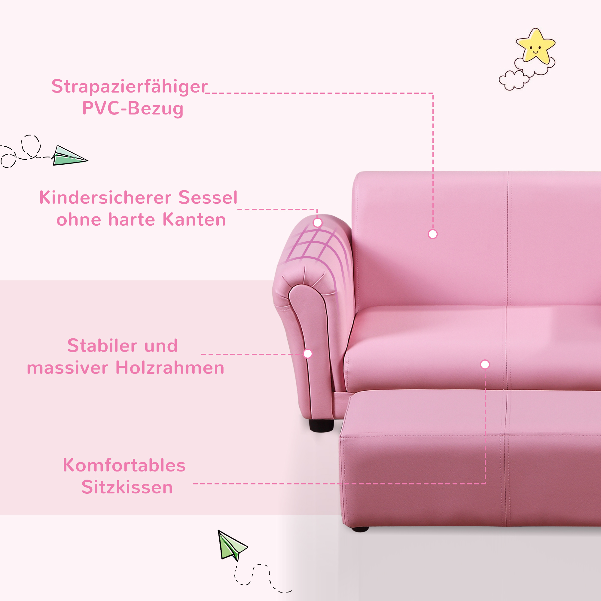 Kindersessel mit Fußhocker, Kindercouch mit Hocker, Kindersofa, Sofa Sessel, Rosa 83 x 42 x 41 cm