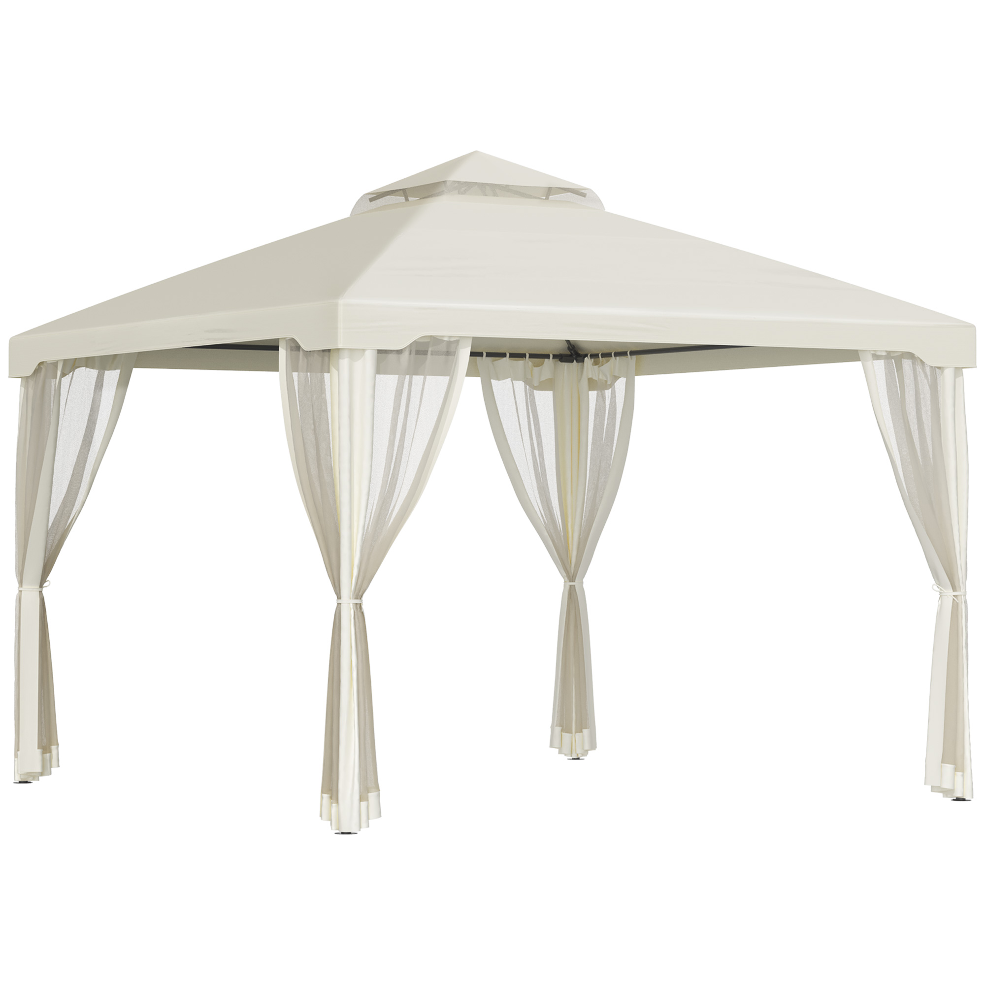 Pavillon mit Doppeldach, ca, 3x3 m Wasserdicht Stabil Winterfest Gartenpavillon mit Moskitonetz, Seitenteile, Garten-Pavillon aus Metall, für Garten, Terrasse, Cremeweiß
