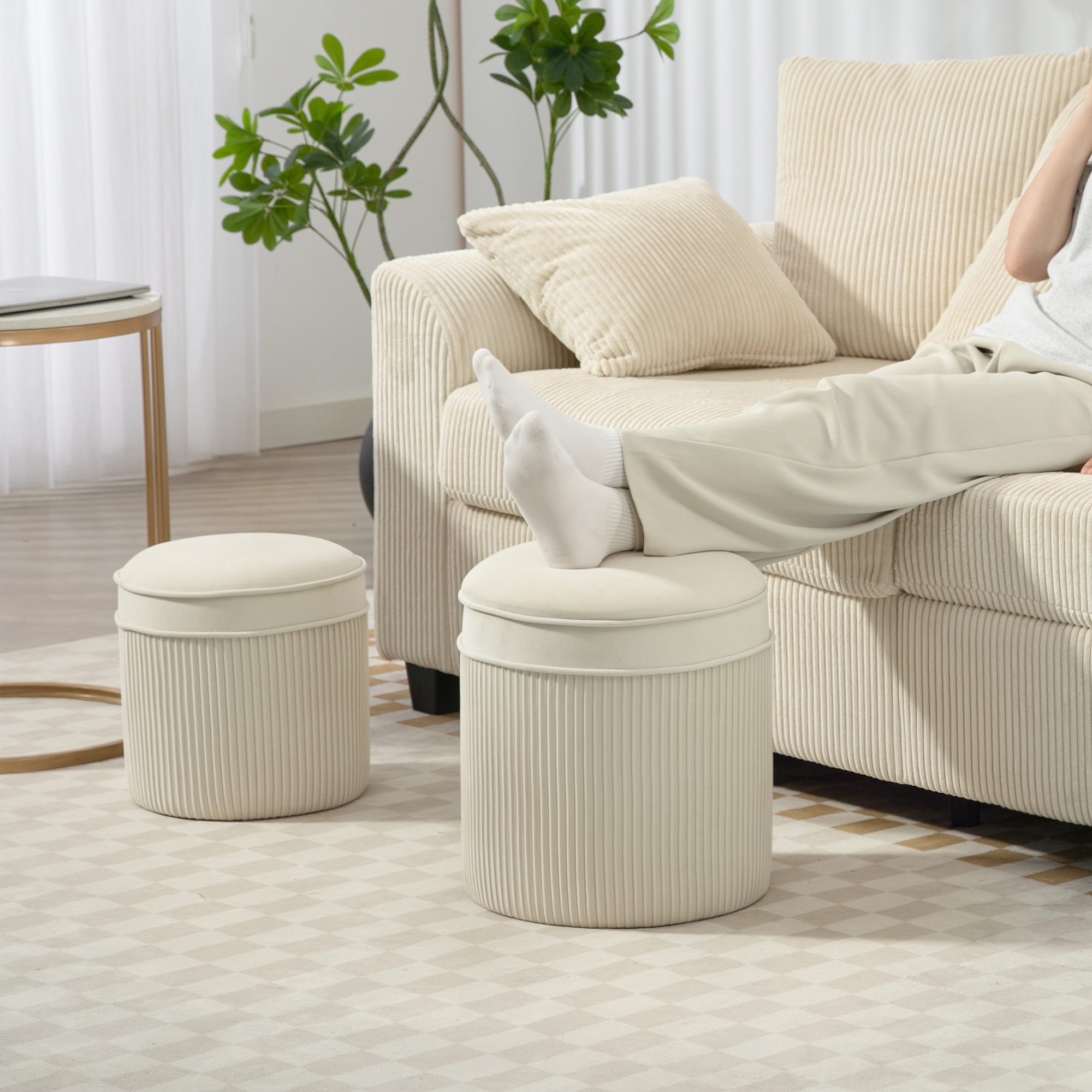 2er Set Sitzhocker mit Stauraum Hocker mit Deckel, runder Fußhocker mit Samtoptik 36 x 36 x 41,5 cm Cremeweiß